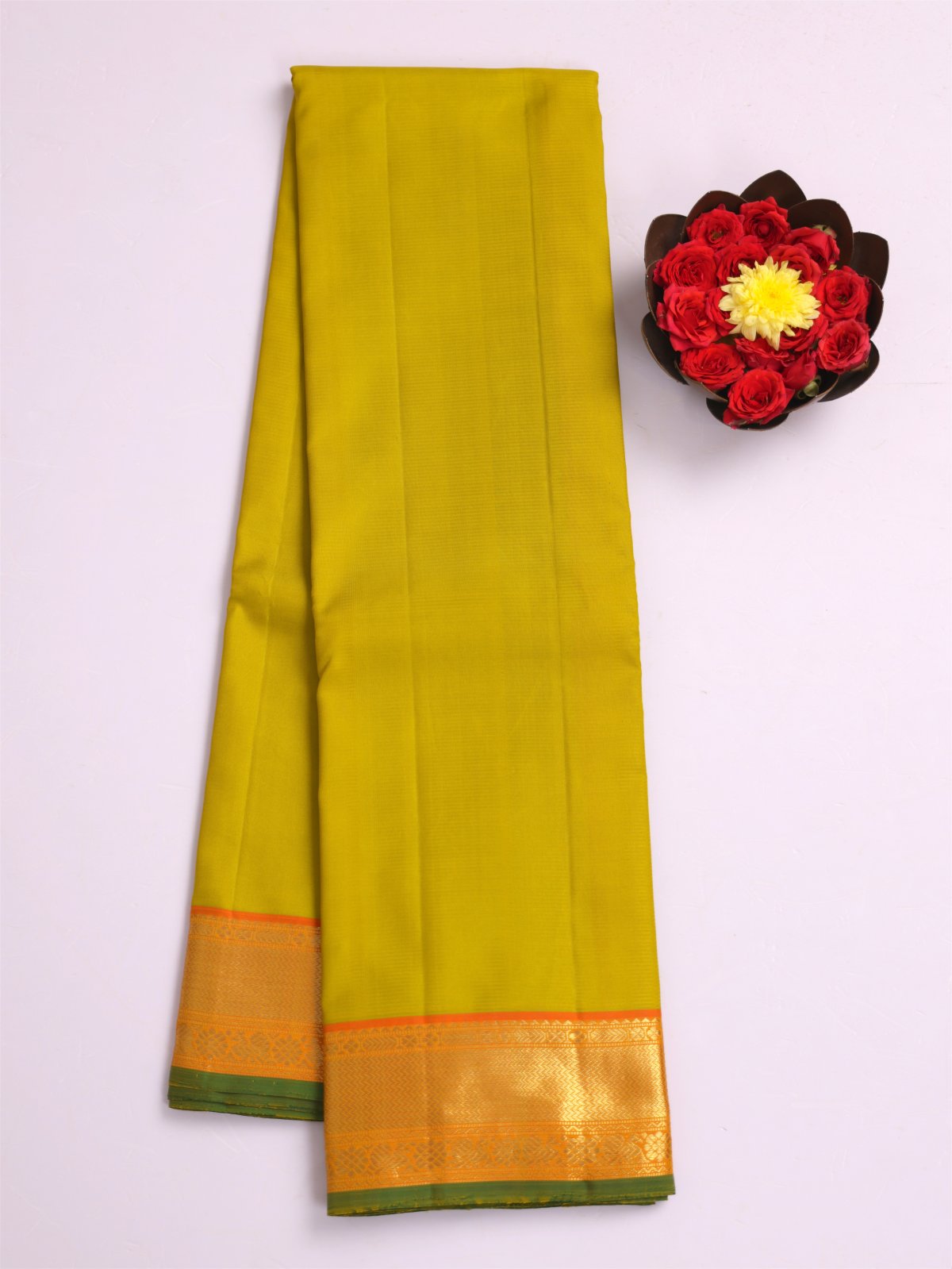 Yellowish Green Kanjeevaram Silk Saree With Orange Zari Border