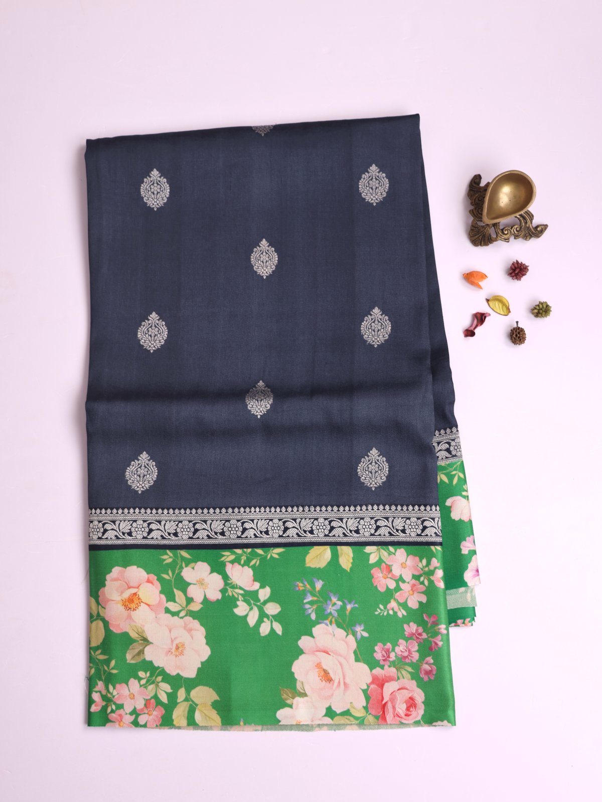 Greyish Blue Banaras Tussar Georgette Silk Saree with Printed Emerald Green Satin Border