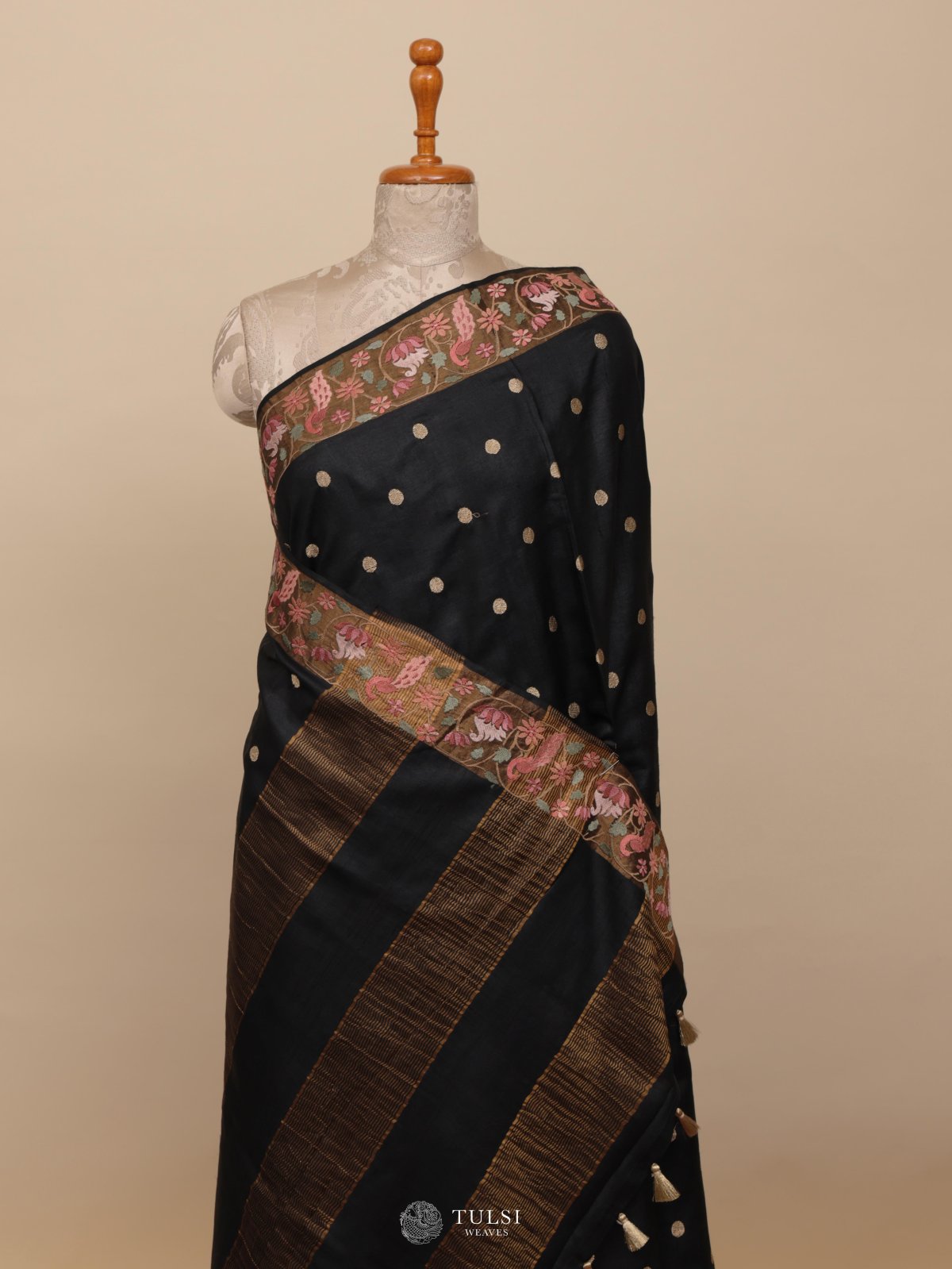 Black Tussar Silk Saree With Floral Embroidery Border