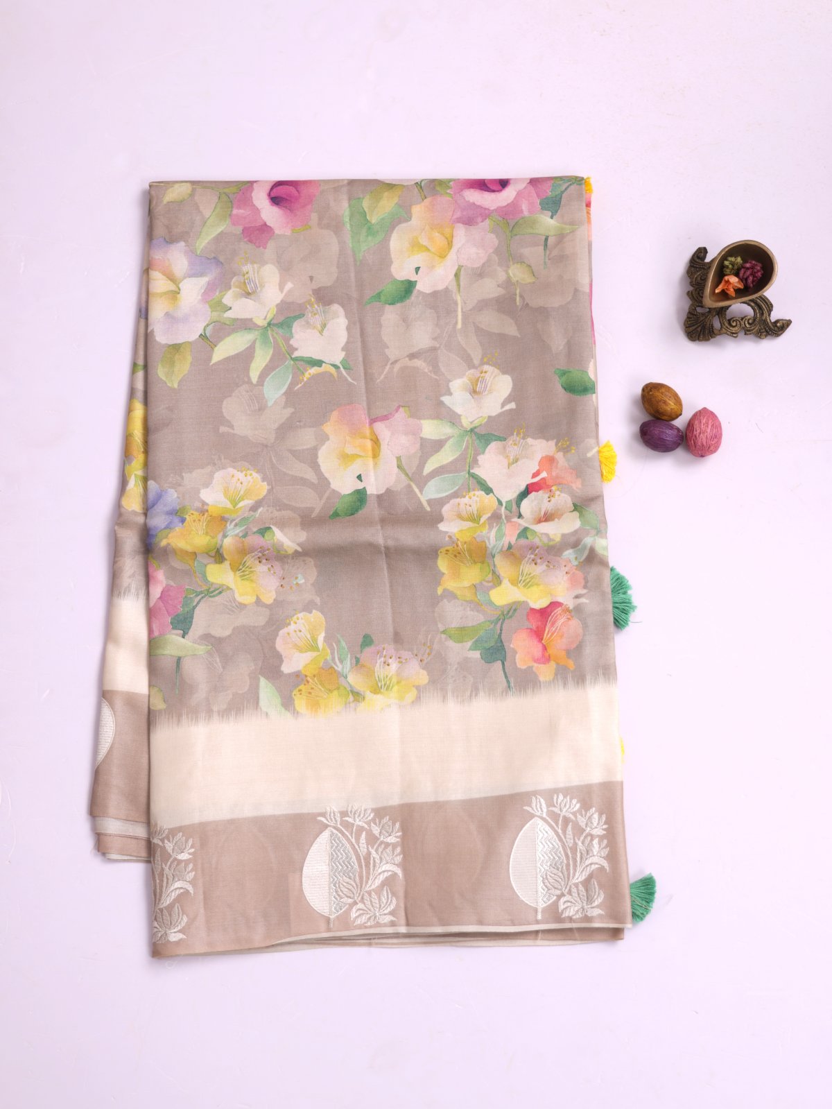 Greige Printed Tussar Silk Saree With Beige Embroidered Border 
