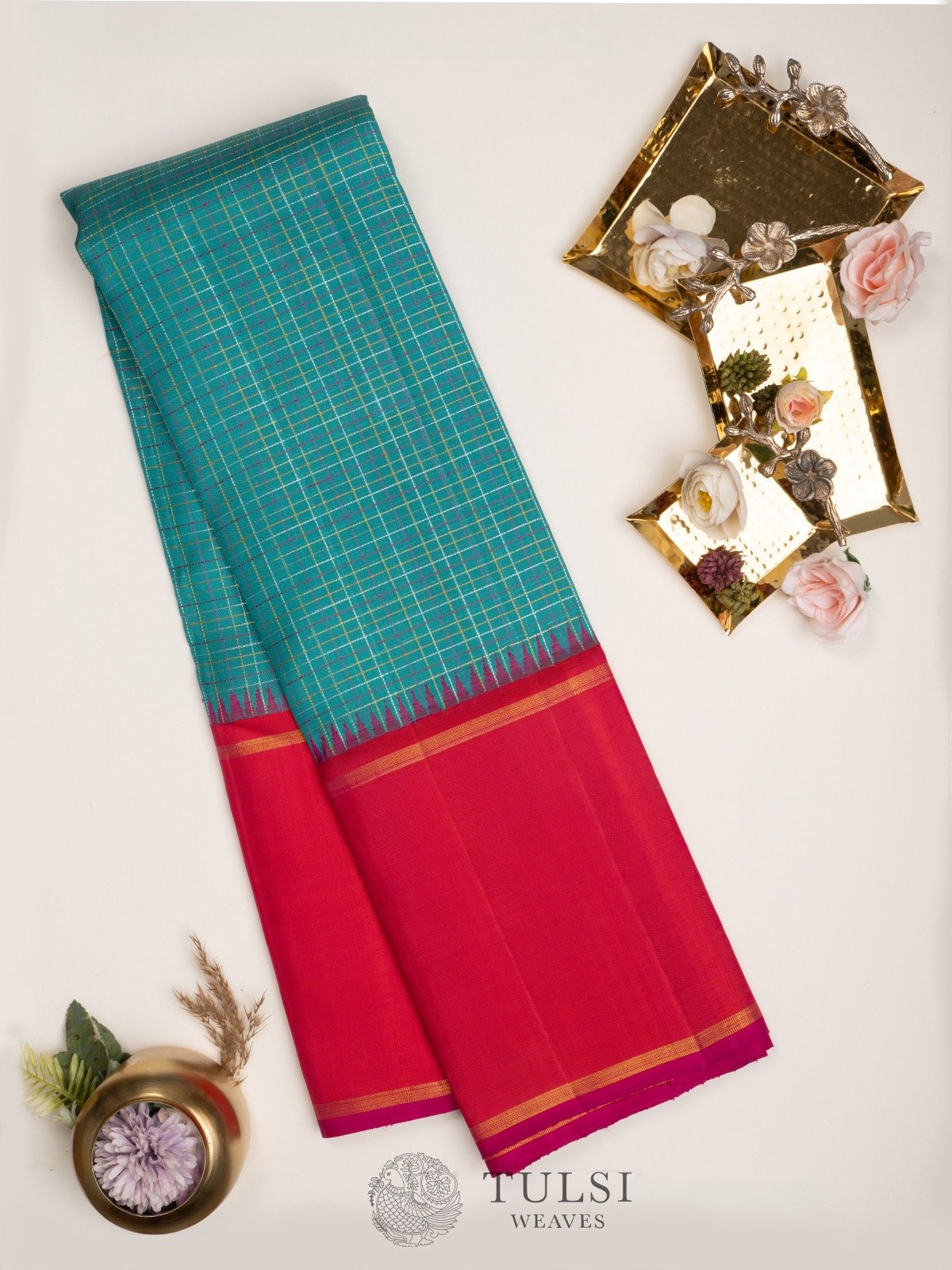 Teal blue Kanjeevaram silk sarees with Korvai border