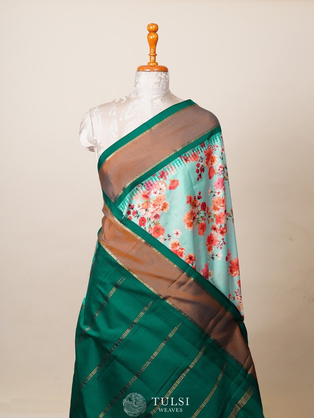 Bluish-Green Printed Kanjeevaram Silk Saree