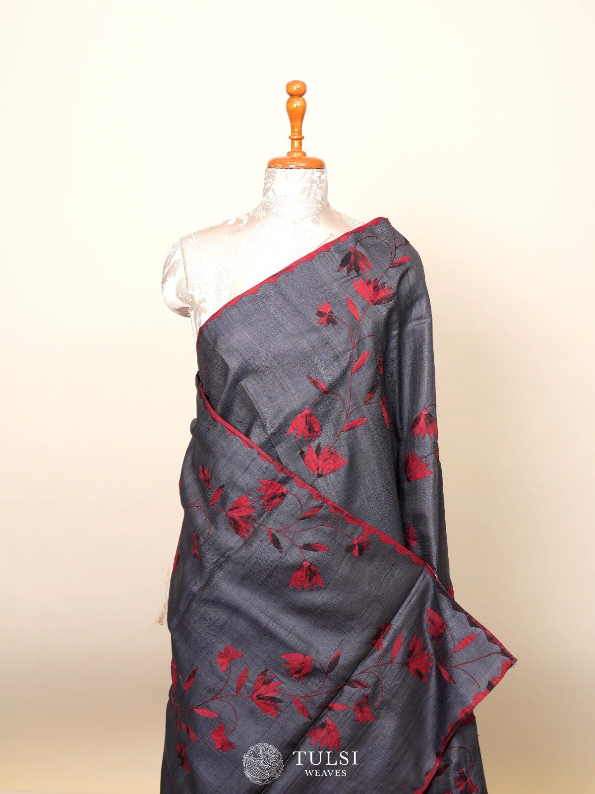 Dark Grey Tussar Silk Saree with Applique Work