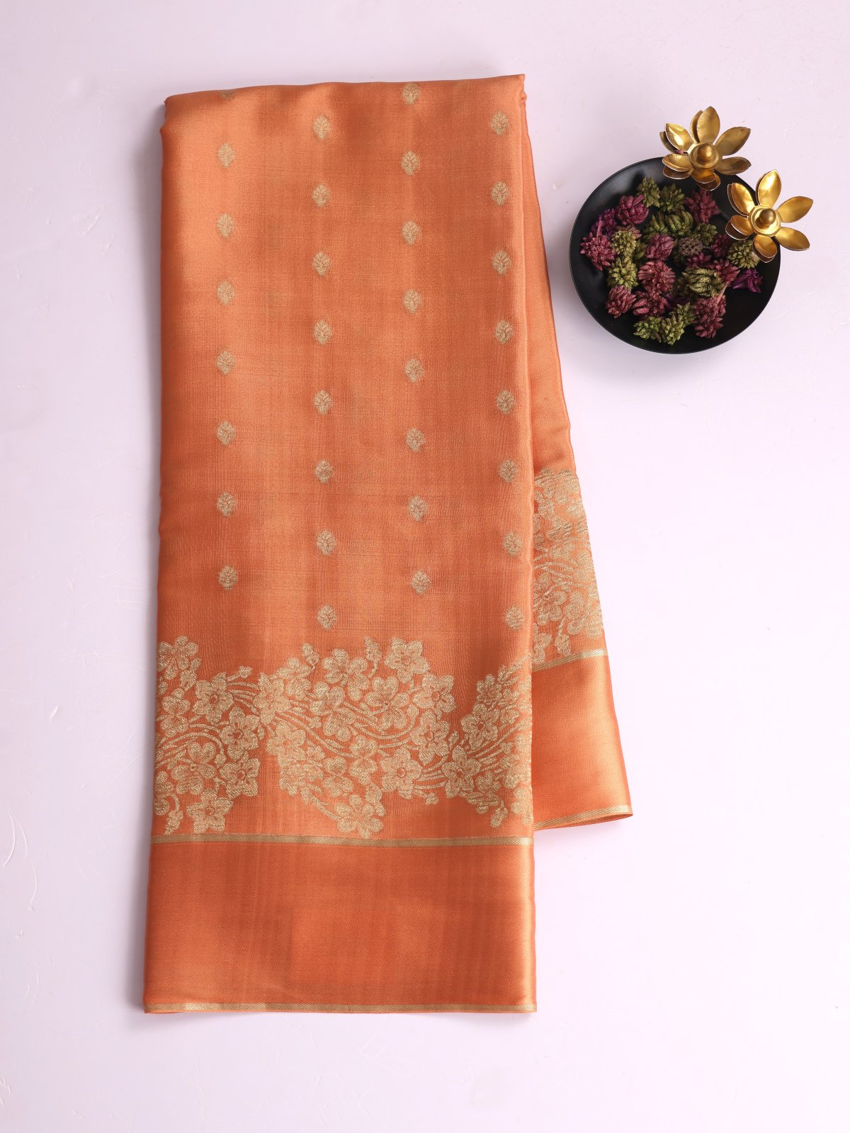 Pastel Orange Mysore Silk Saree With Satin Border