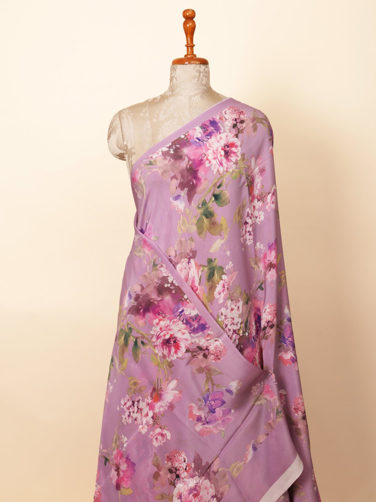 Lilac Floral Printed Crepe Silk Saree