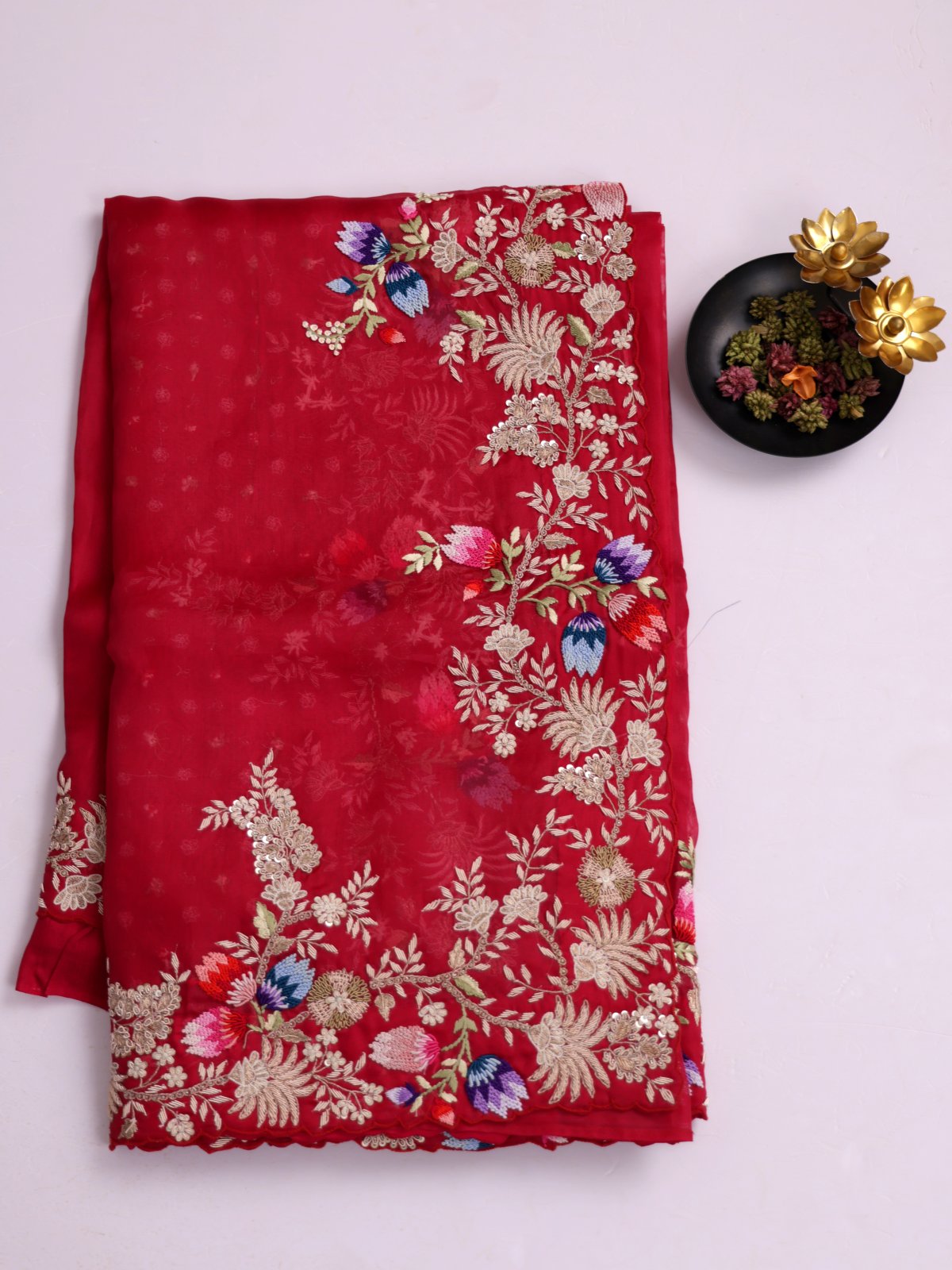 Dark Pinkish Red Organza Silk Saree With Embroidered Border