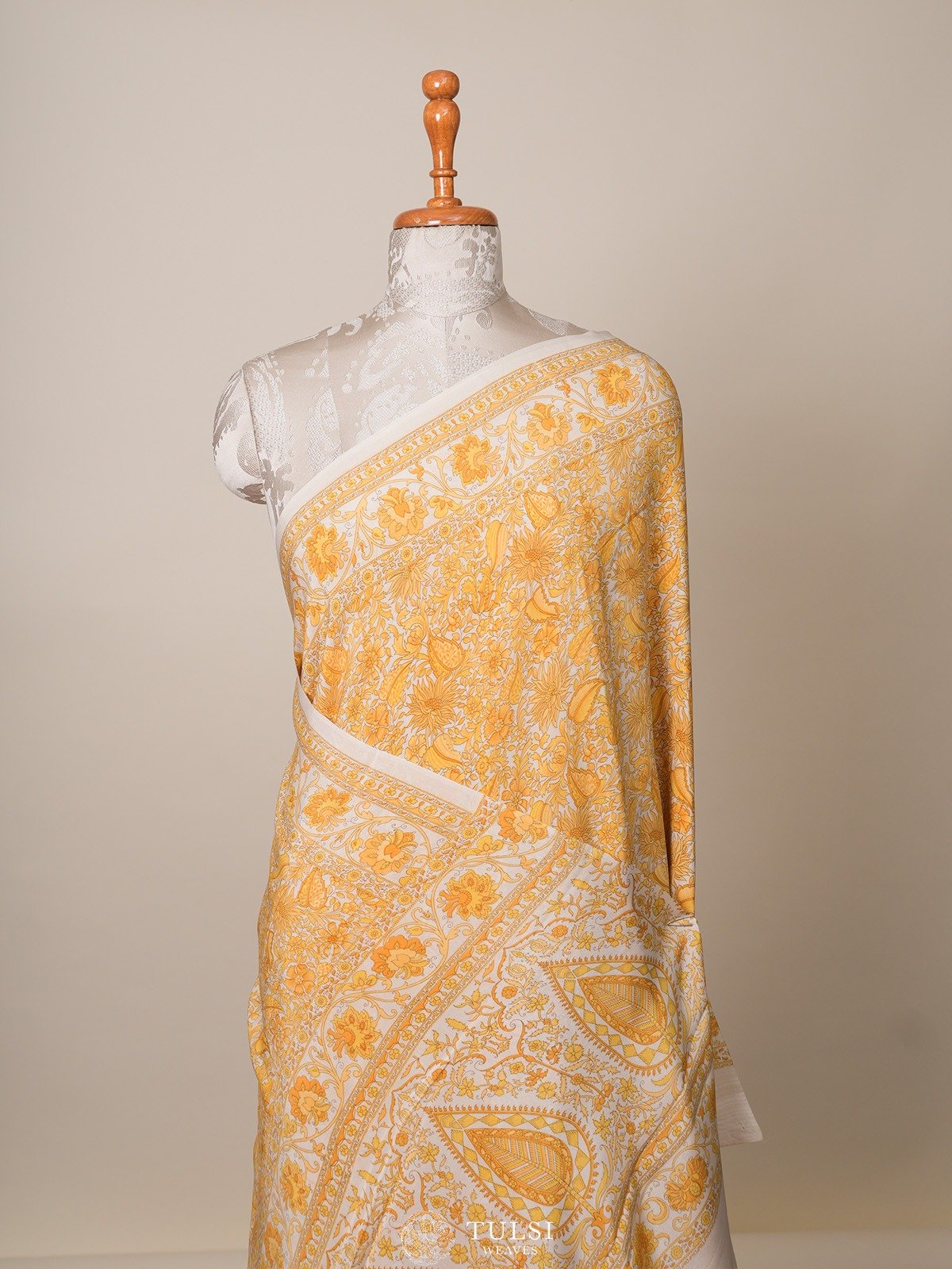 Light Yellow Floral Printed Crepe Silk Saree 