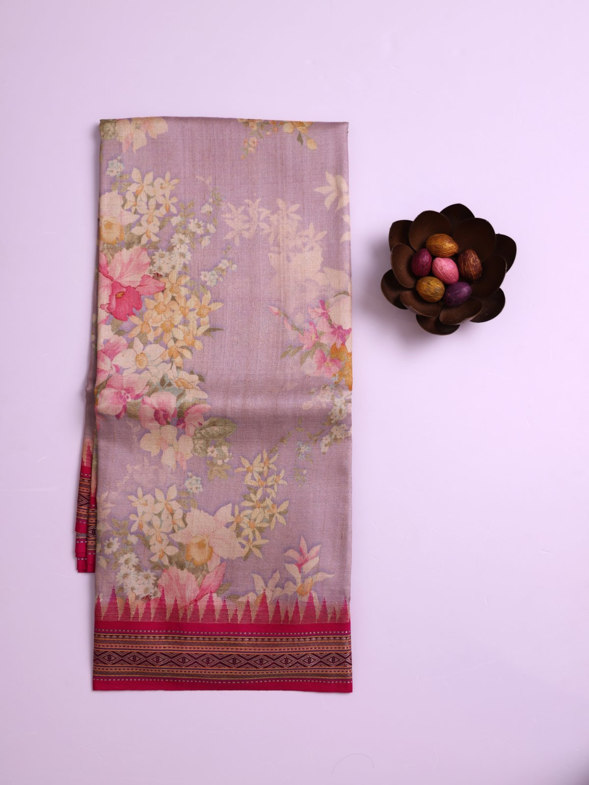 Light Lilac Printed Tussar Silk Saree with Pink Vidarbha Border