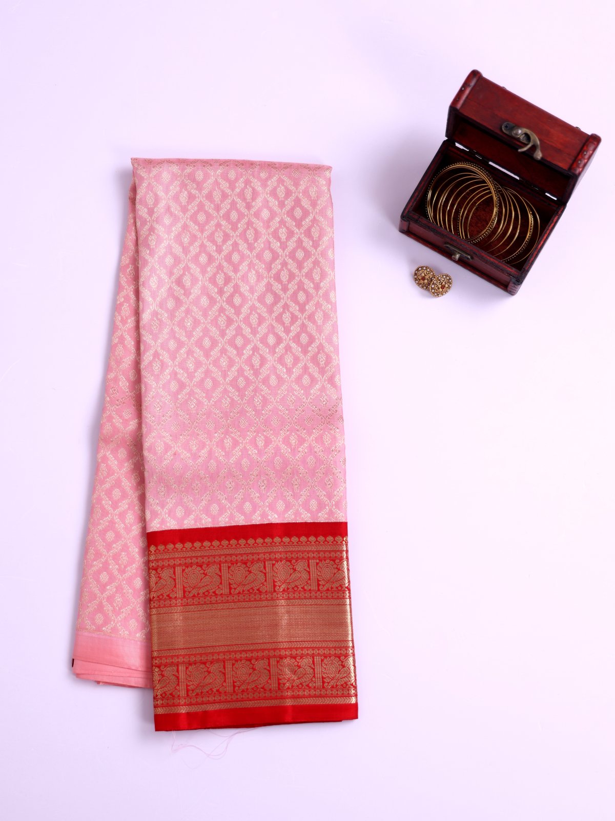 Baby Pink Kanjeevaram Silk Pavadai With Red Border