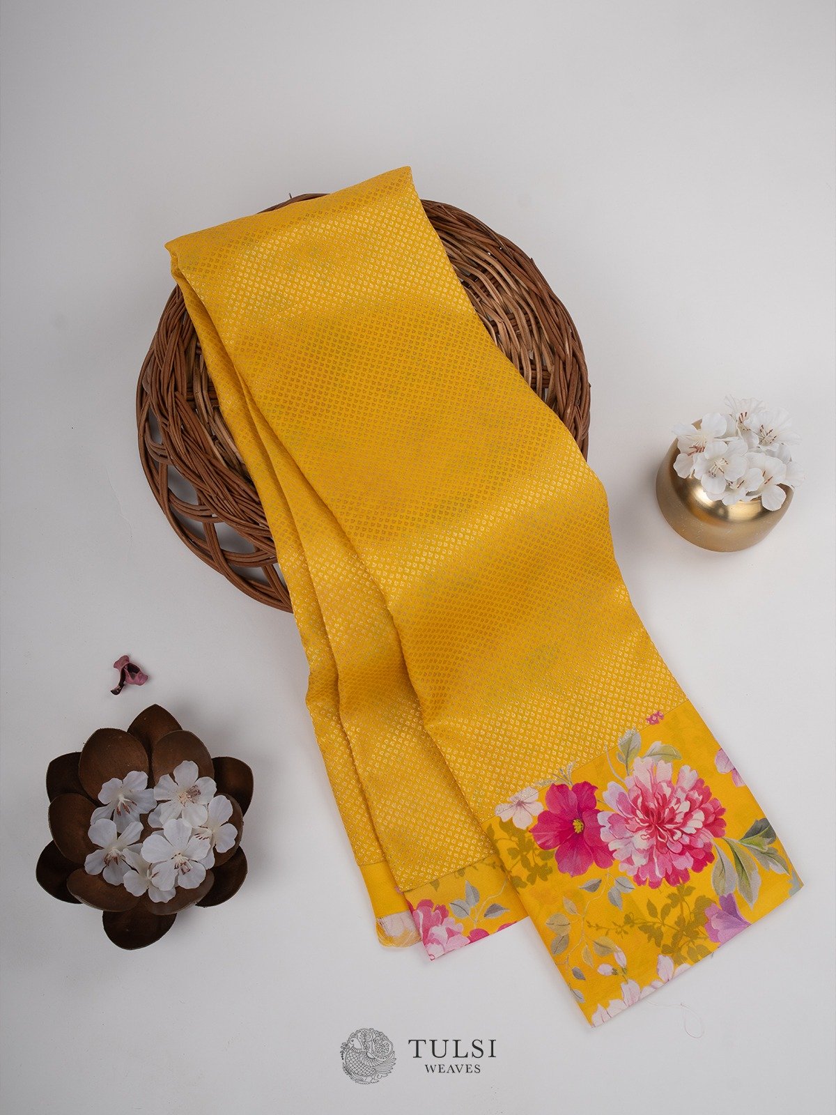 Yellow Kanjeevaram Silk Pavadai with Floral print