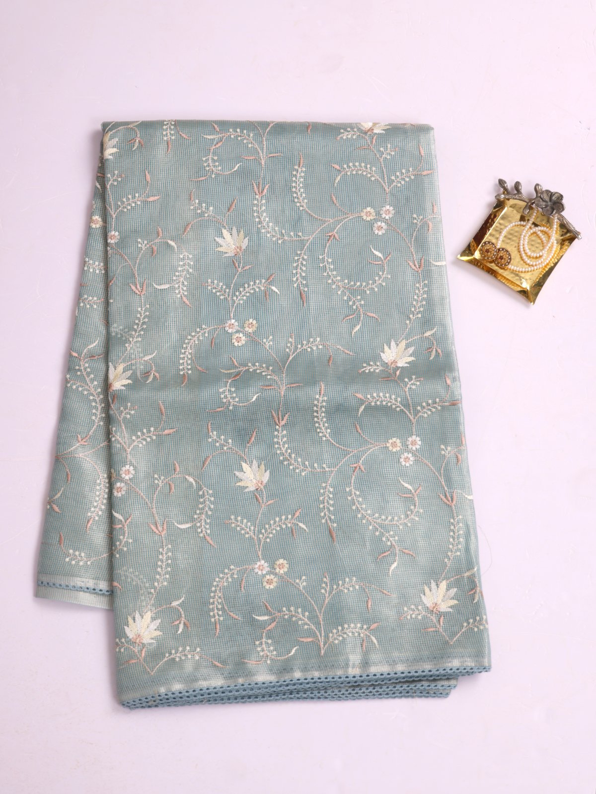 Dusty Blue Tissue Kota Saree With Embroidery