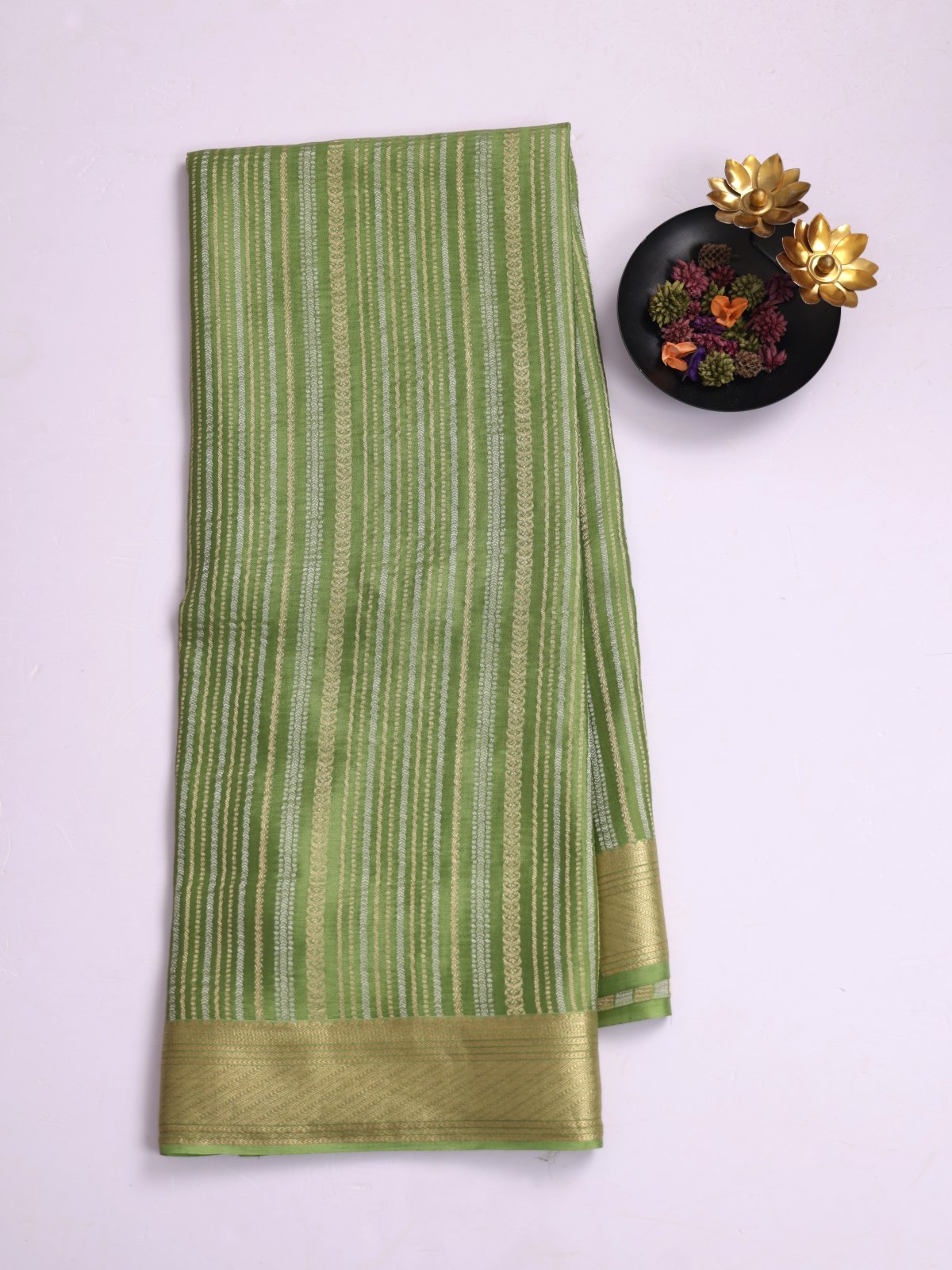 Mehndi Green Zari Striped Mysore Crepe Silk Saree With Zari Border