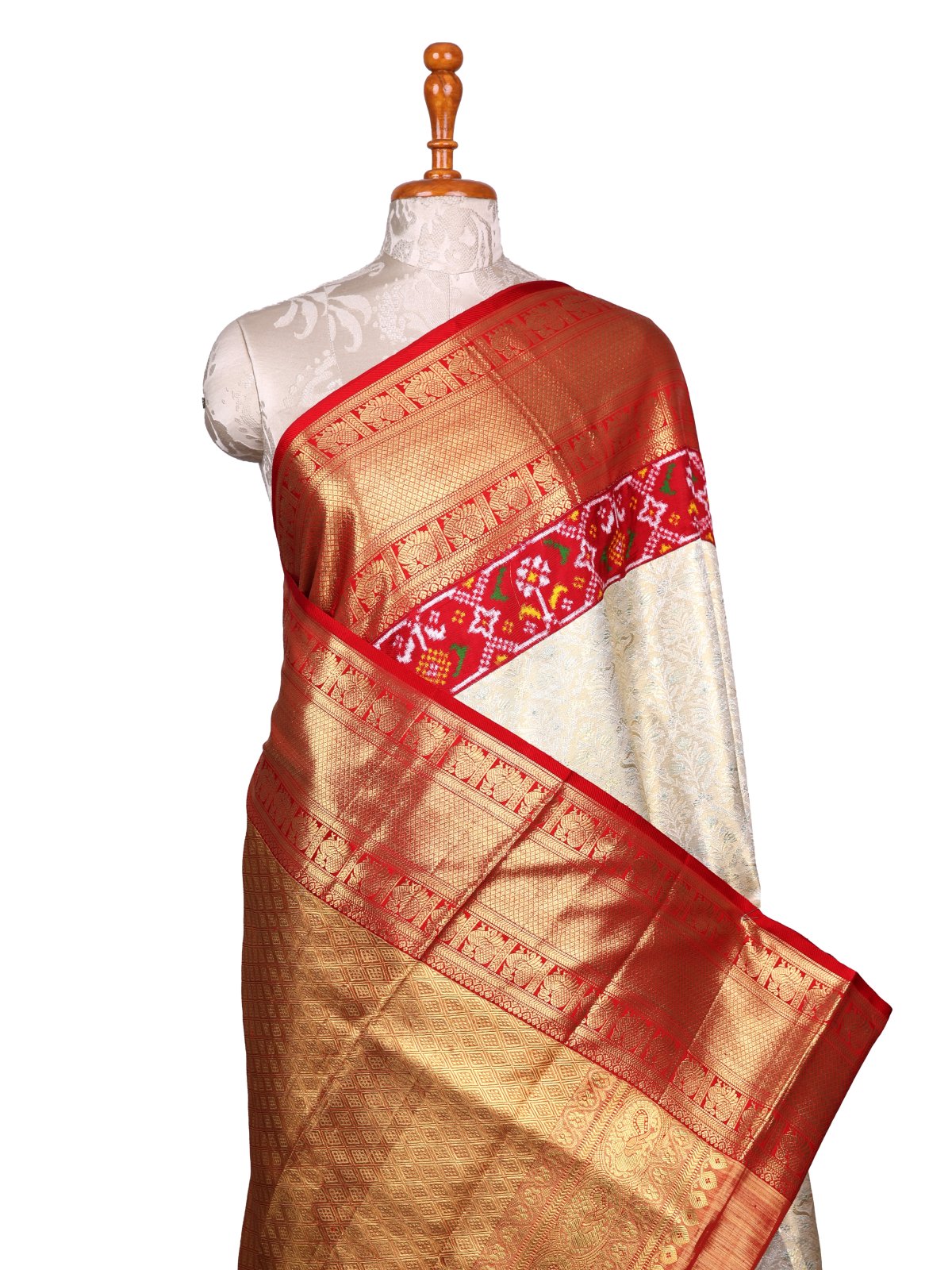 Beige Zari Brocade Kanjeevaram Silk Saree With Red Patan Patola Border