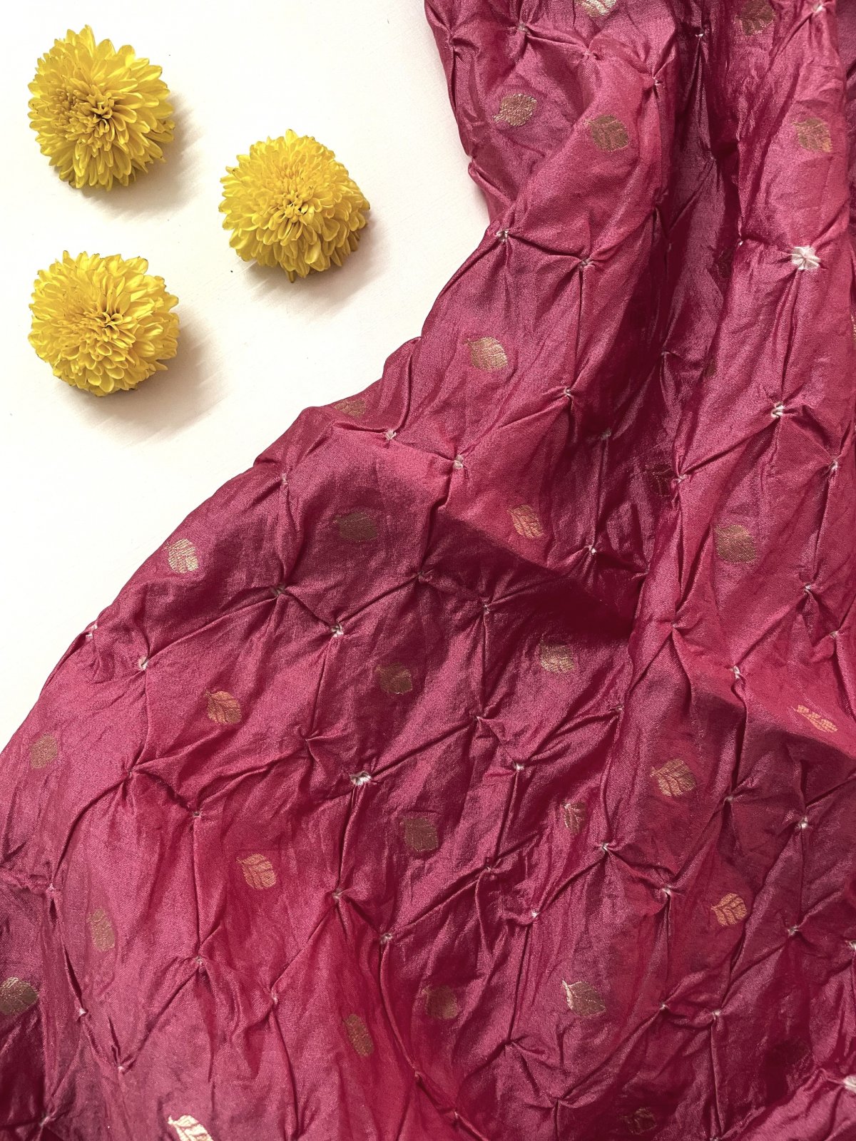 Onion Pink Bandhani Silk Blouse With Gold Zari 