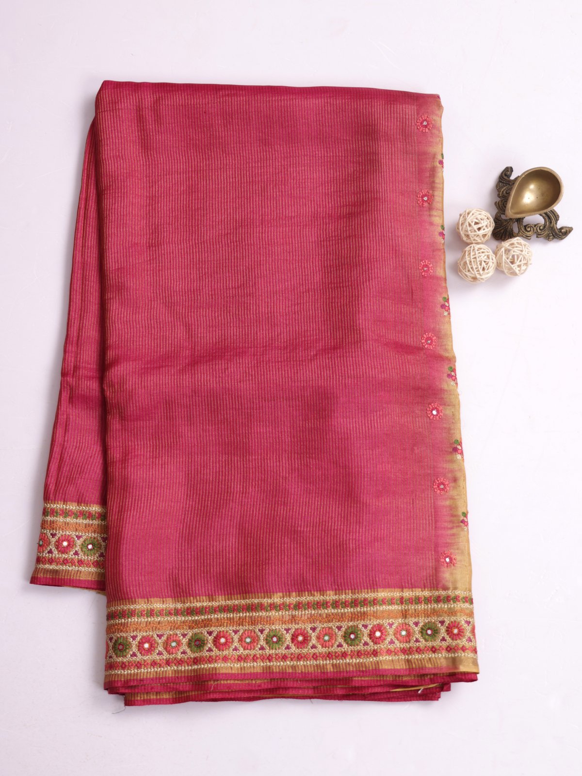 Rani Pink Zari Striped Tussar Silk Saree With Embroidered Border