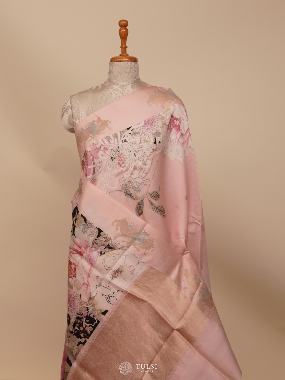 Light Pink Printed Mashru Silk Saree