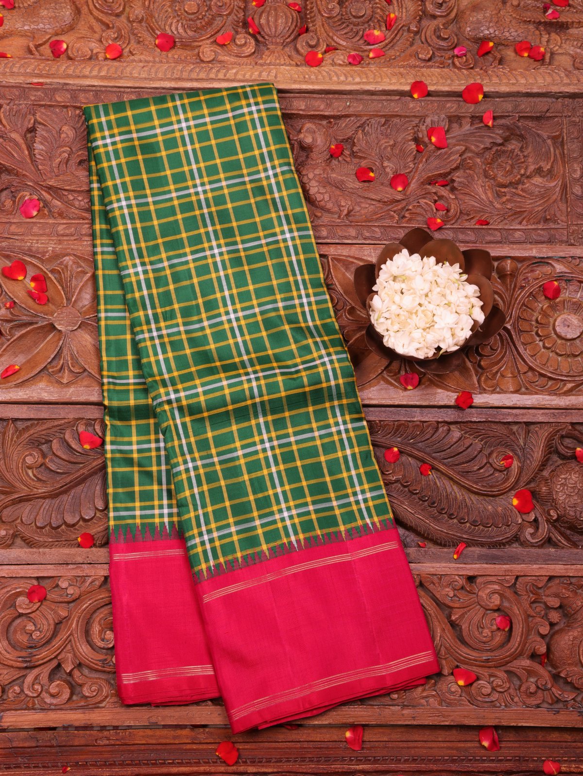 Green Checked Kanjeevaram Silk Saree With Dark Pink Bodi Border