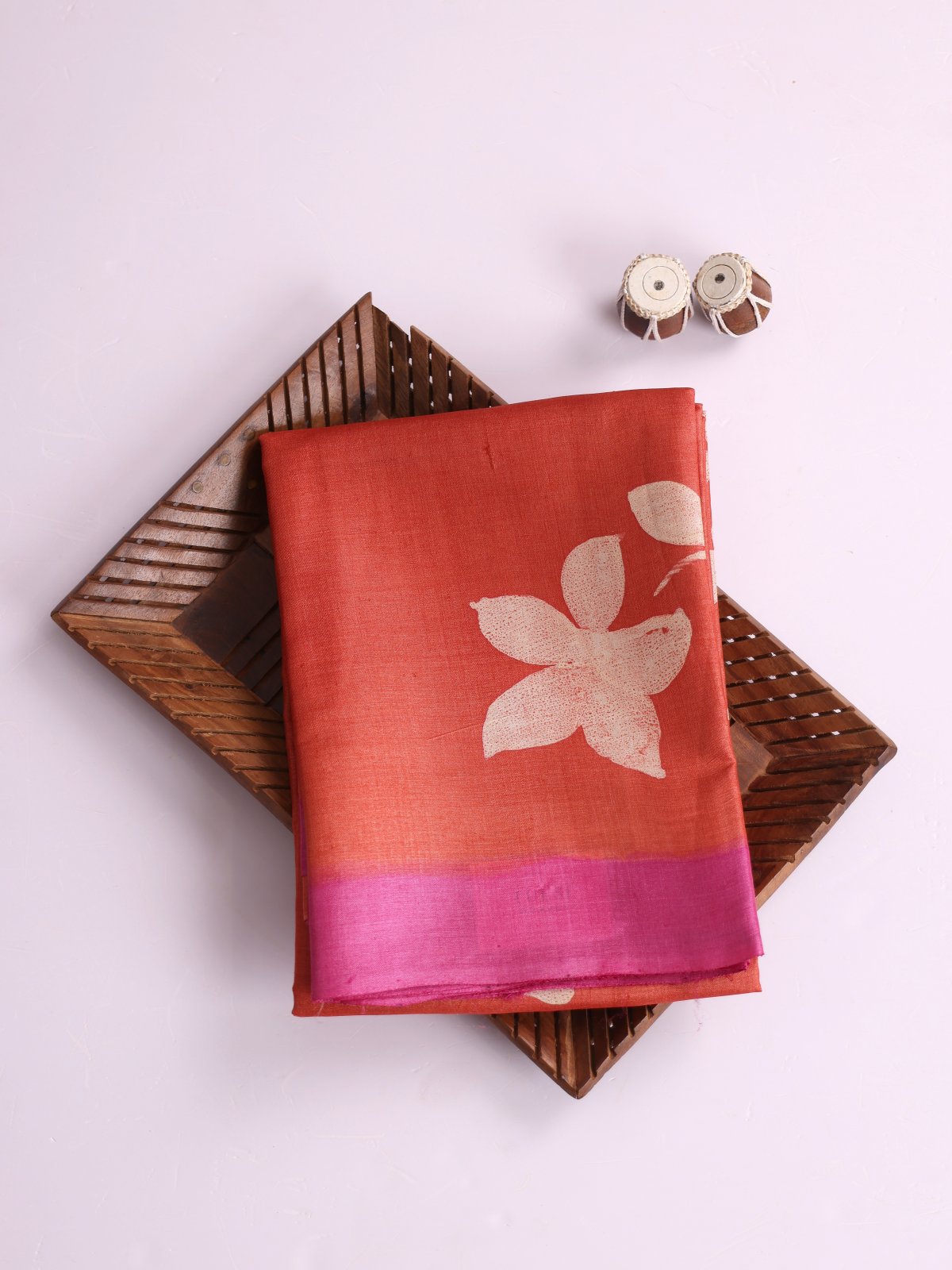 Orange Printed Tussar Silk Saree With Pink Border