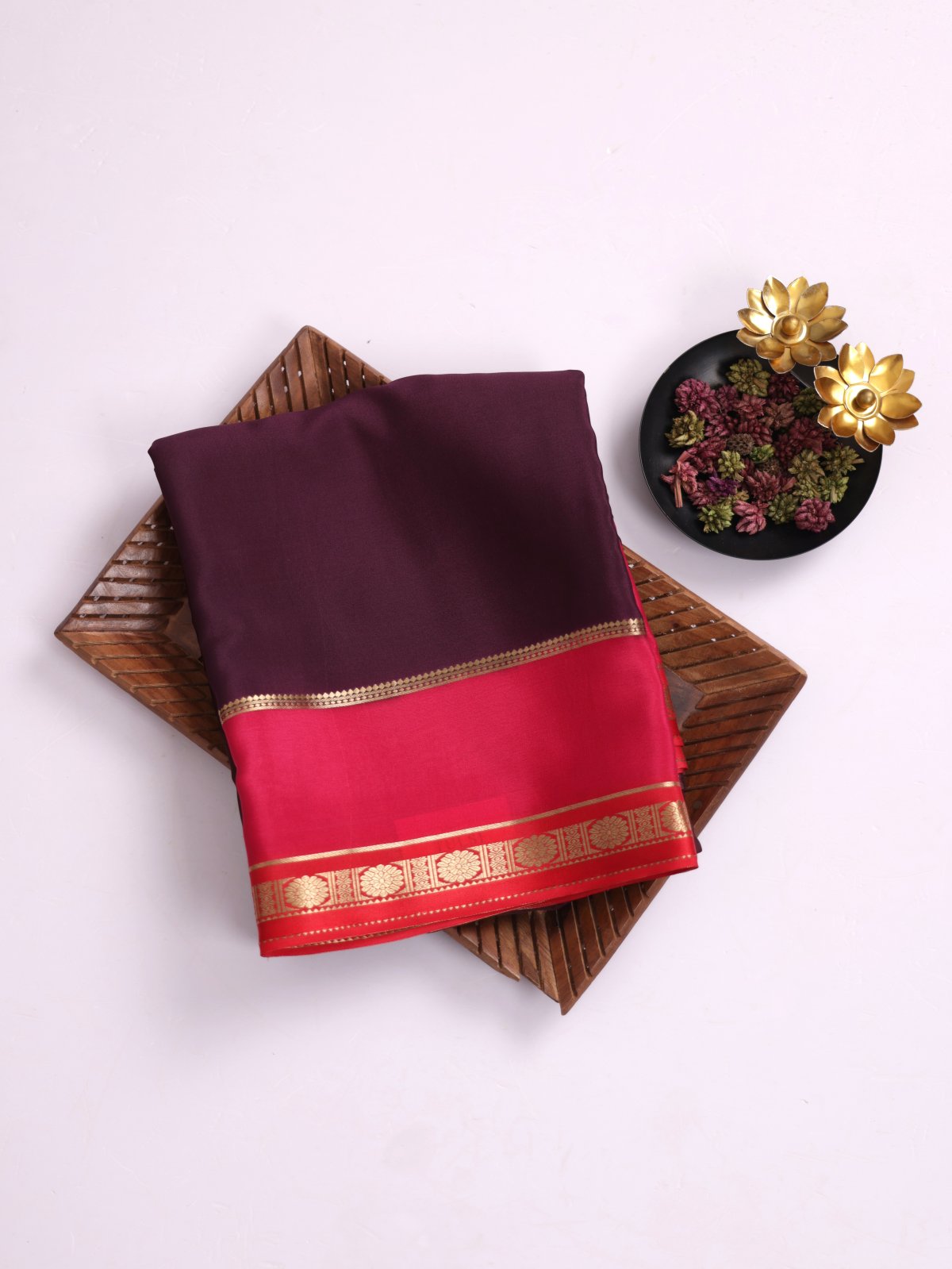 Burgundy Mysore Crepe Silk Saree With Pink Border 