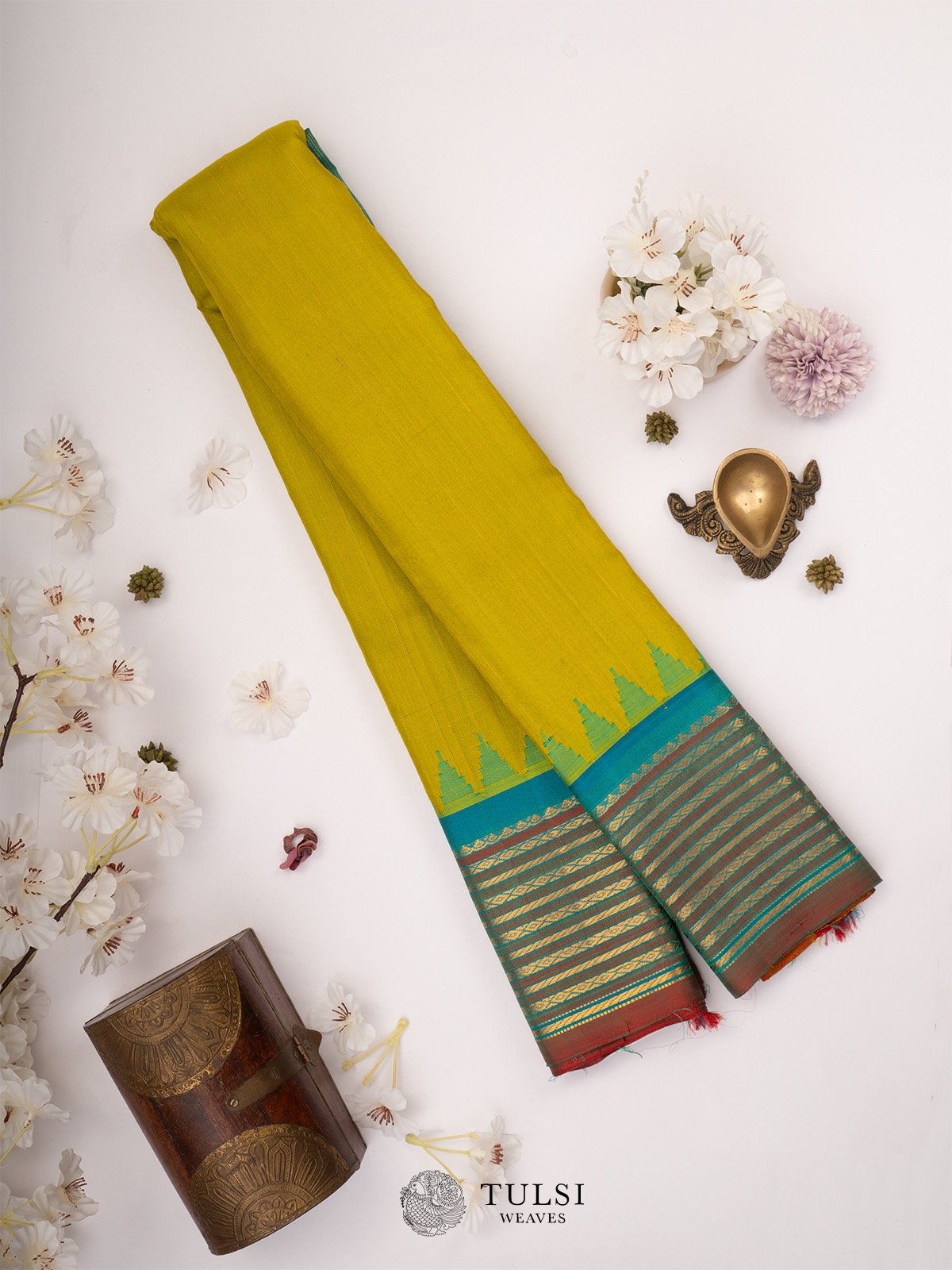 Greenish Yellow Gadwal Silk Saree with Blue border