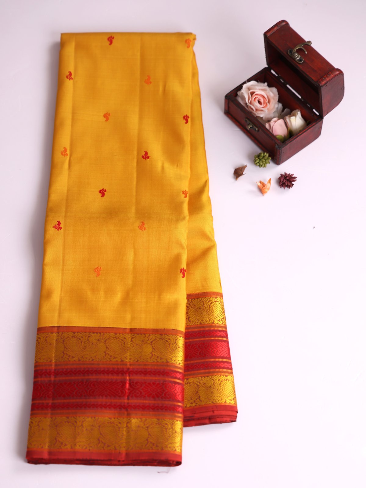 Mustard Yellow Kanjeevaram Pattu Pettu Silk Saree with Rust Border