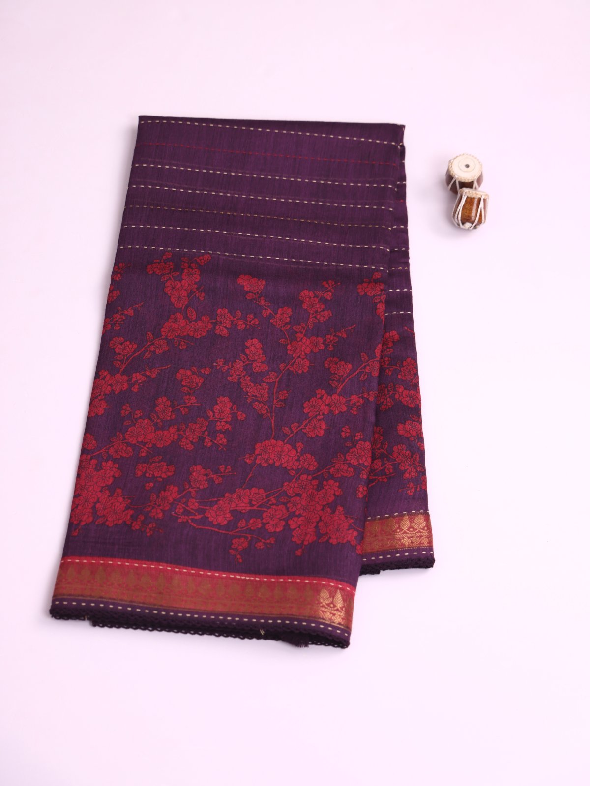 Dark Violet Printed Munga Silk Saree With Kantha Embroidery