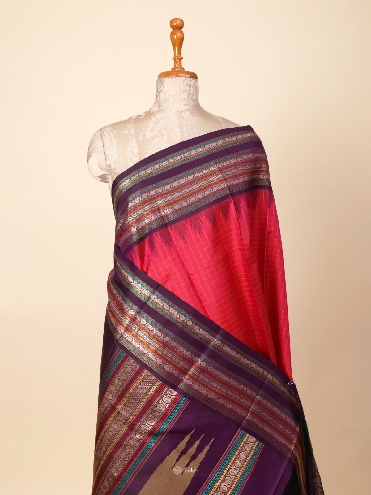 Dark Pink Kanjeevaram Pattu Pett Silk Saree