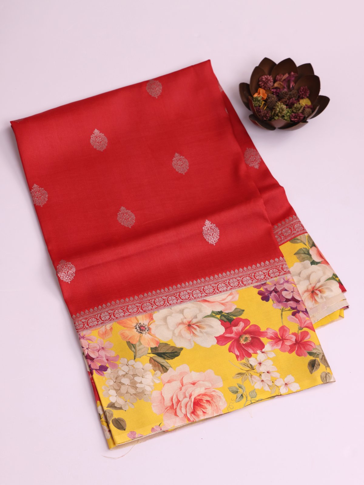 Red Banaras Tussar Georgette Silk Saree With Printed Yellow Border