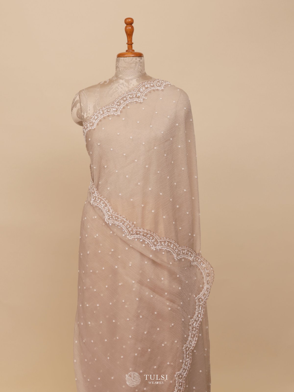 Beige Crushed Georgette Silk Saree