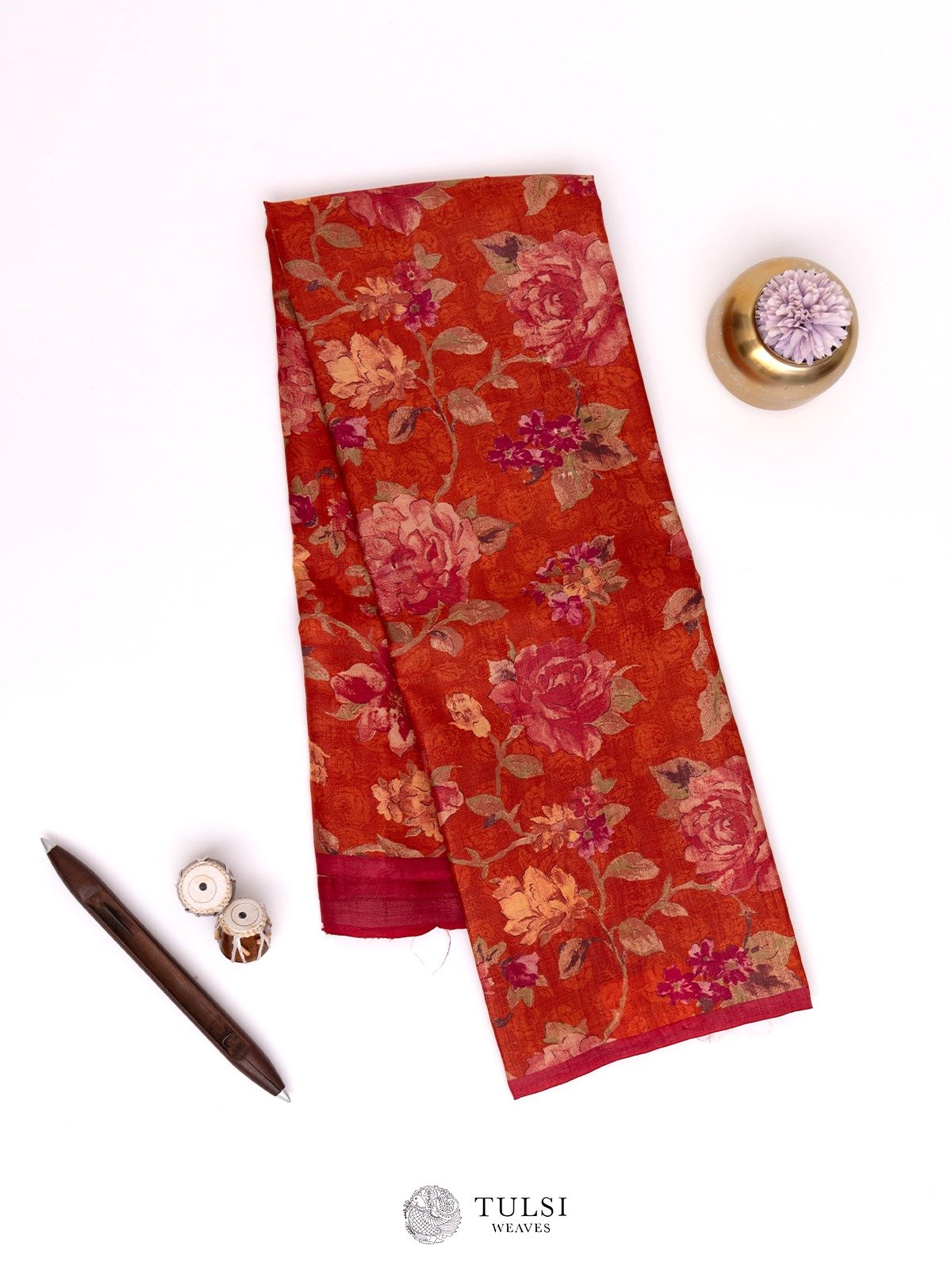 Orangy Red Printed Tussar Silk Saree