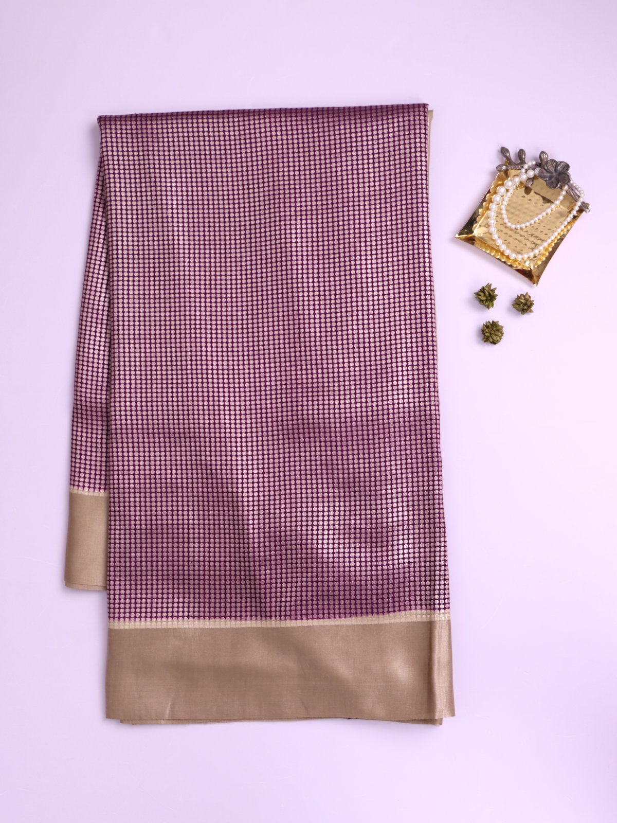 Purple Banaras Tussar Silk Saree with Beige Satin Border