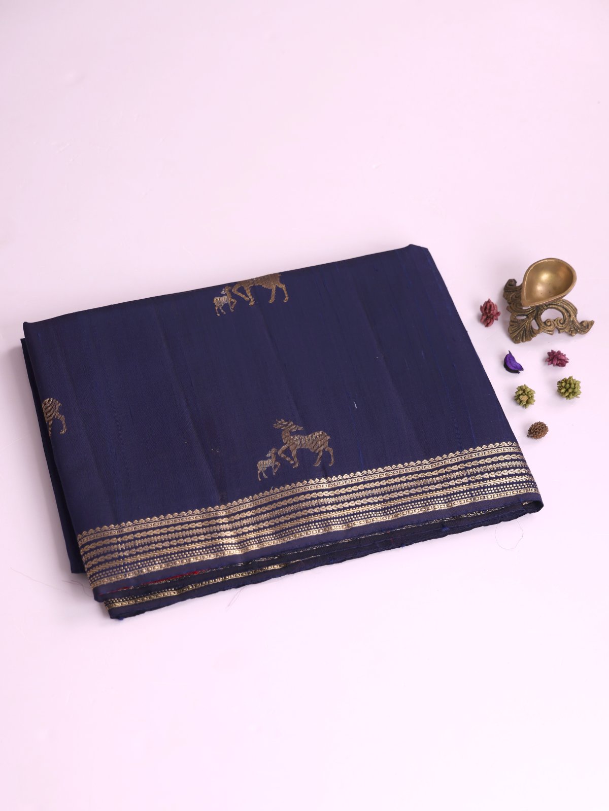 Dark Purplish Blue Raw Silk Saree With Zari Border