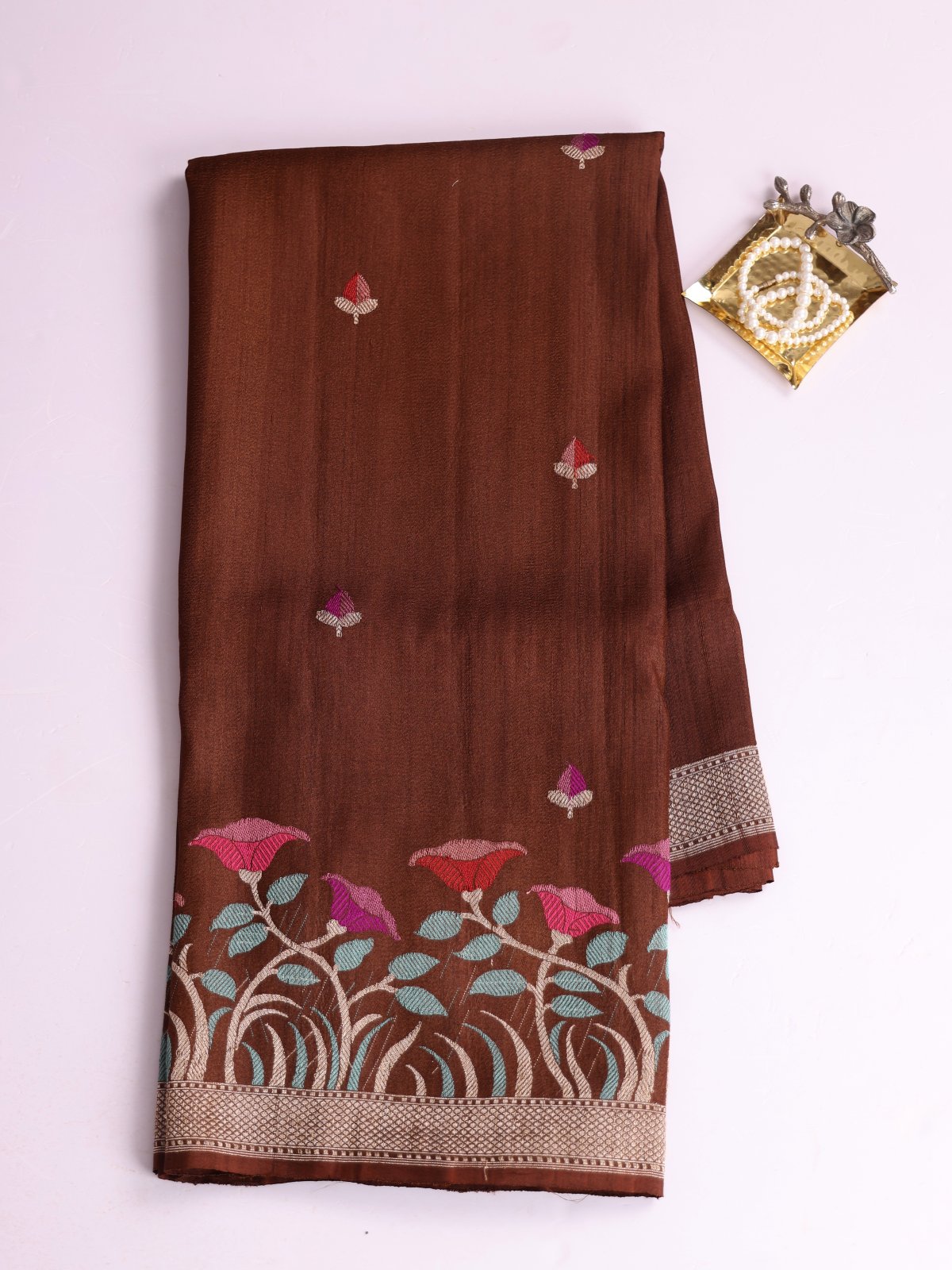 Brown Banaras Tussar Georgette Silk Saree With Zari Border