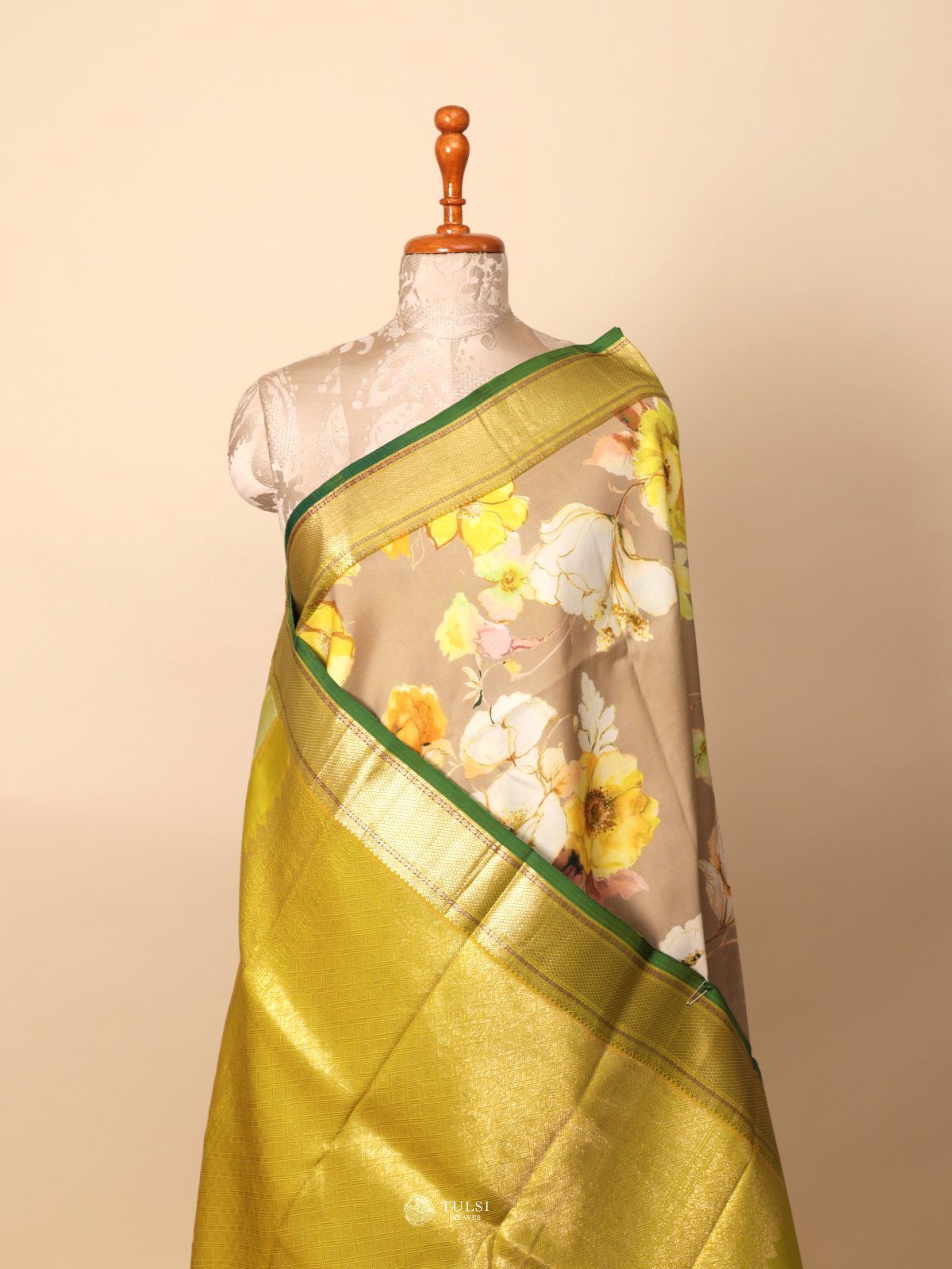 Dark Beige Printed Kanjeevaram Silk Saree
