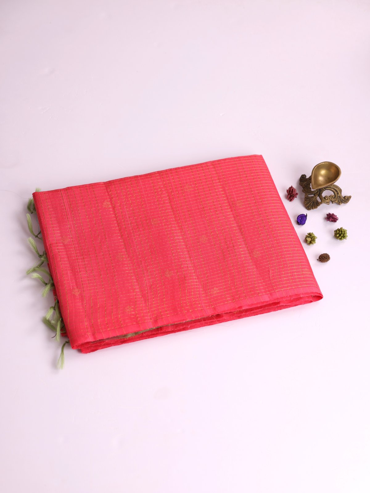 Orangish Pink Zari Checked Raw Silk Saree