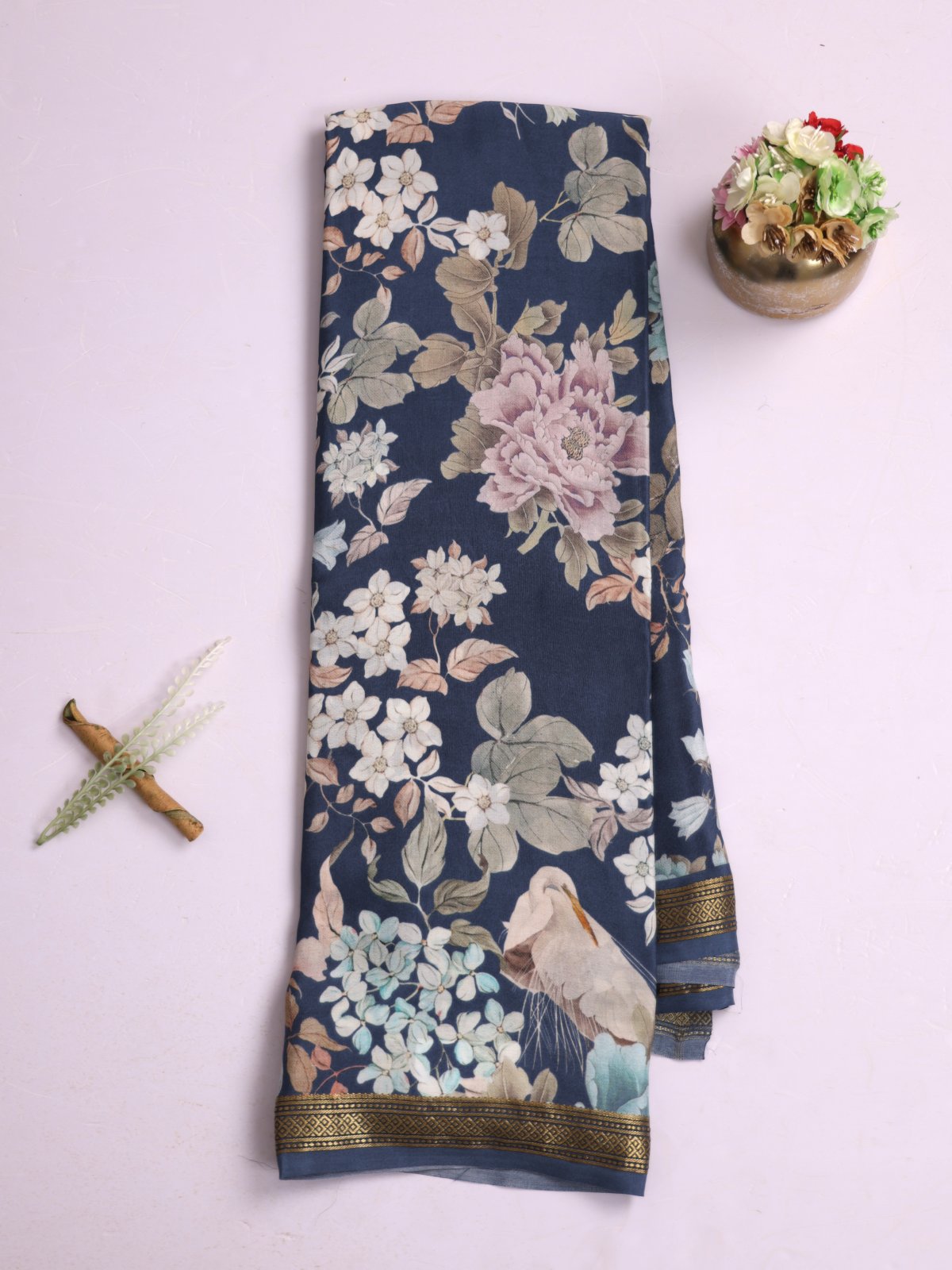 Blue Printed Mysore Crepe Silk Saree With Zari Border