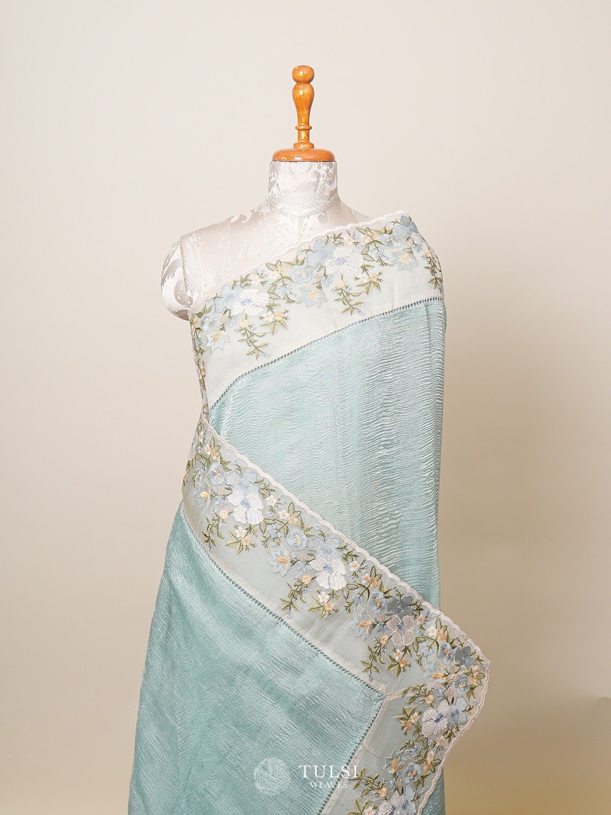 Cyan Crushed Organza Silk Saree