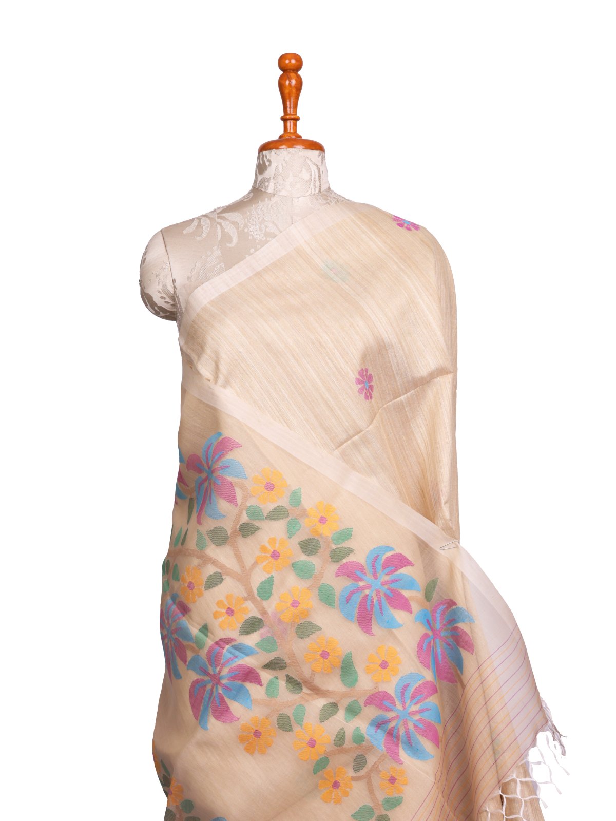 Beige Kora Tussar Silk Saree With Jamdani Pallu 