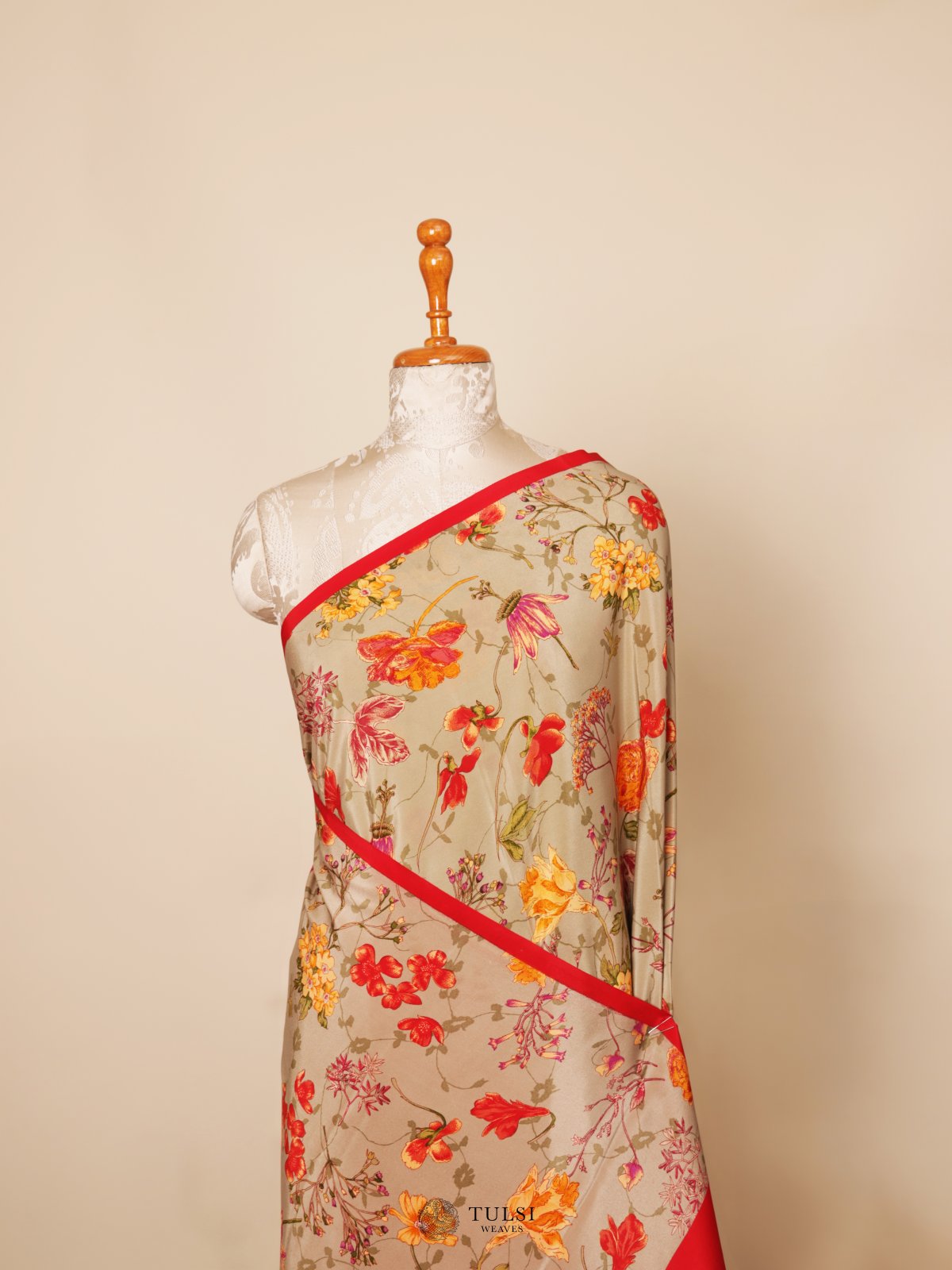 Grey Floral Printed Crepe Silk Saree