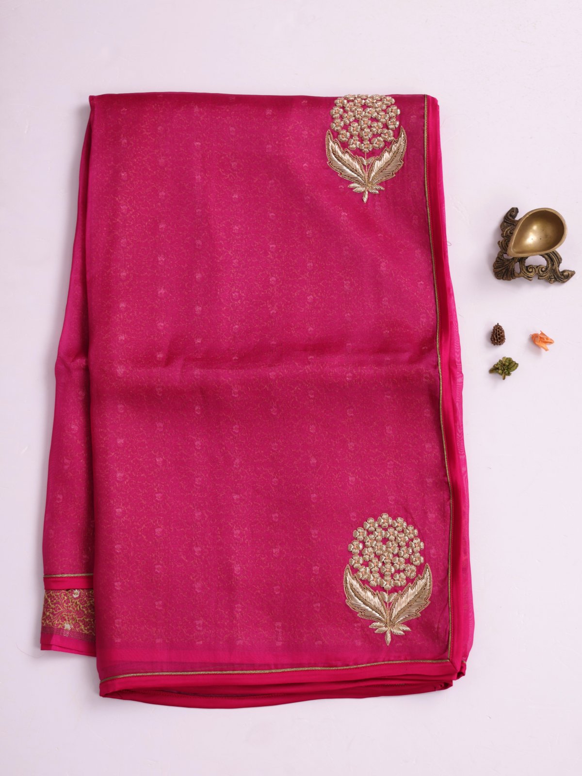 Rani Pink Embroidered Organza Silk Saree