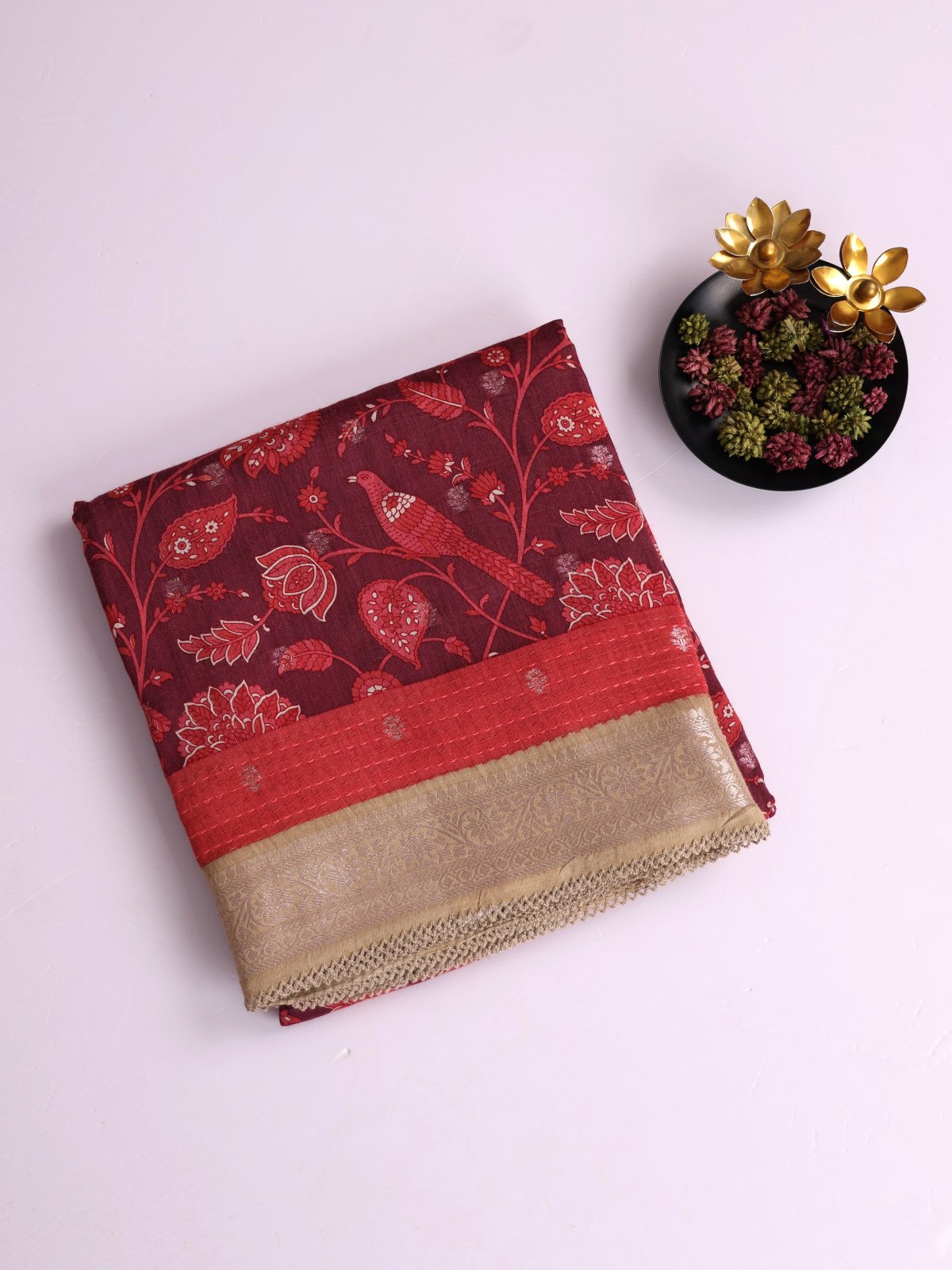 Burgundy Printed Munga Tussar Silk Saree With Kantha Embroidery