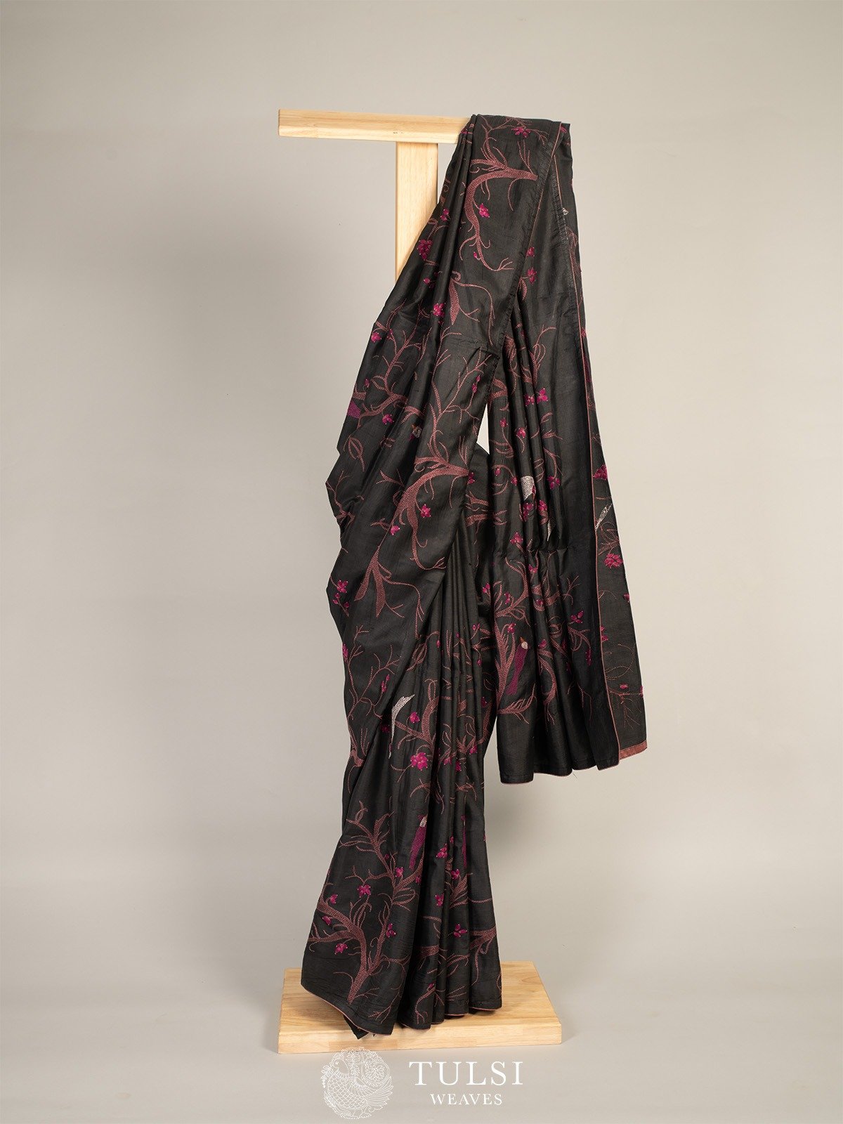 Black Silk Saree With Floral Embroidery 