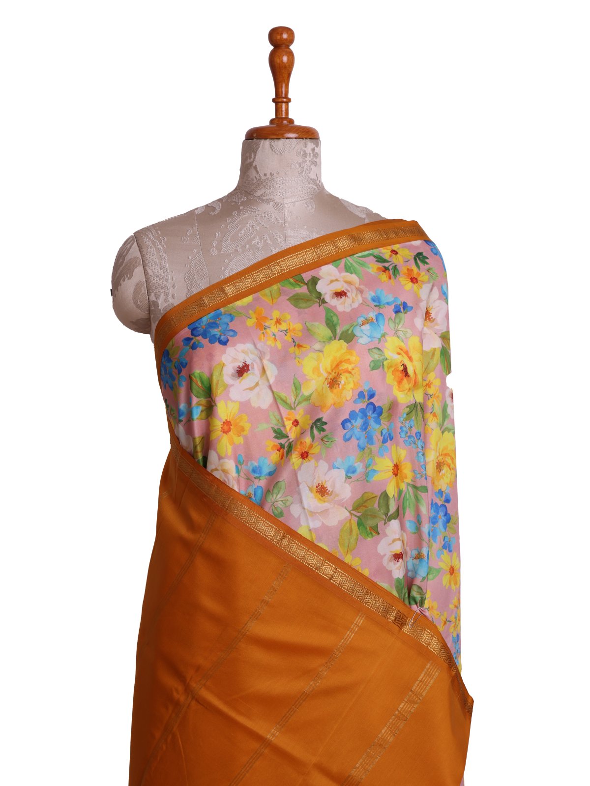 Dusty Pink Printed Kanjveevaram Silk Saree With Mustard Yellow Border