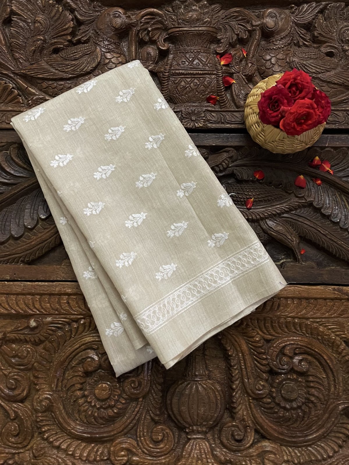 Beige (Tussar Colour)  Tussar Silk Blouse With White Floral Embroidery