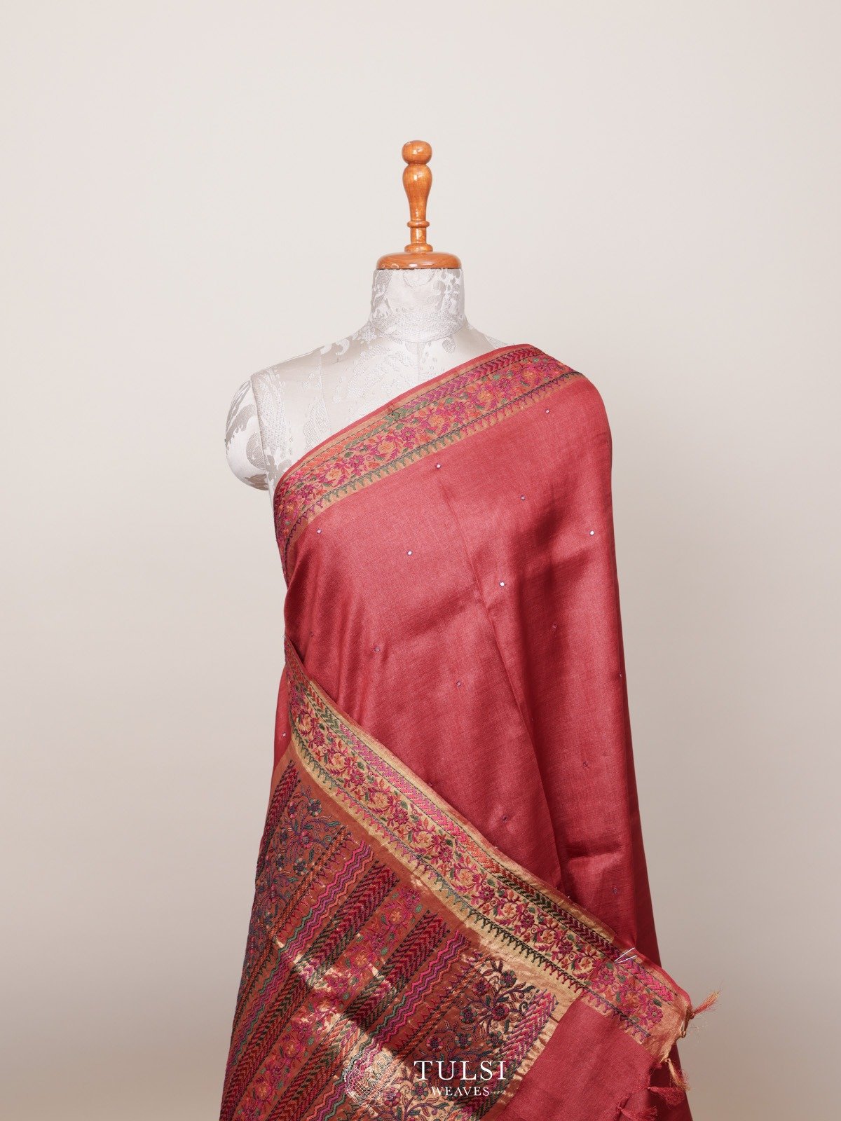 Pastel Red Tussar Silk Saree