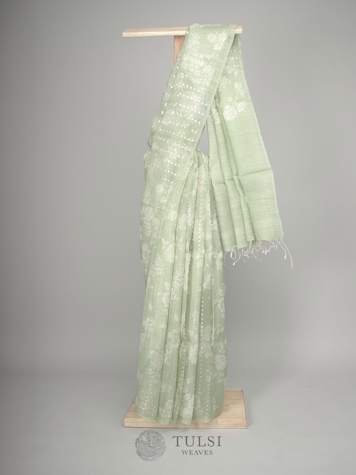 Light Greyish Green Kora Jute Saree with Floral Print