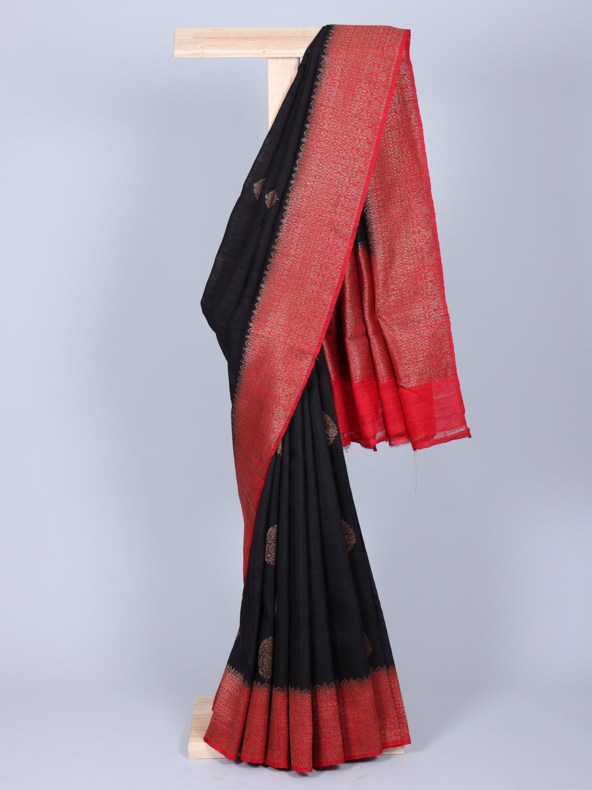 Black Tussar Banaras Silk Saree With Red Border