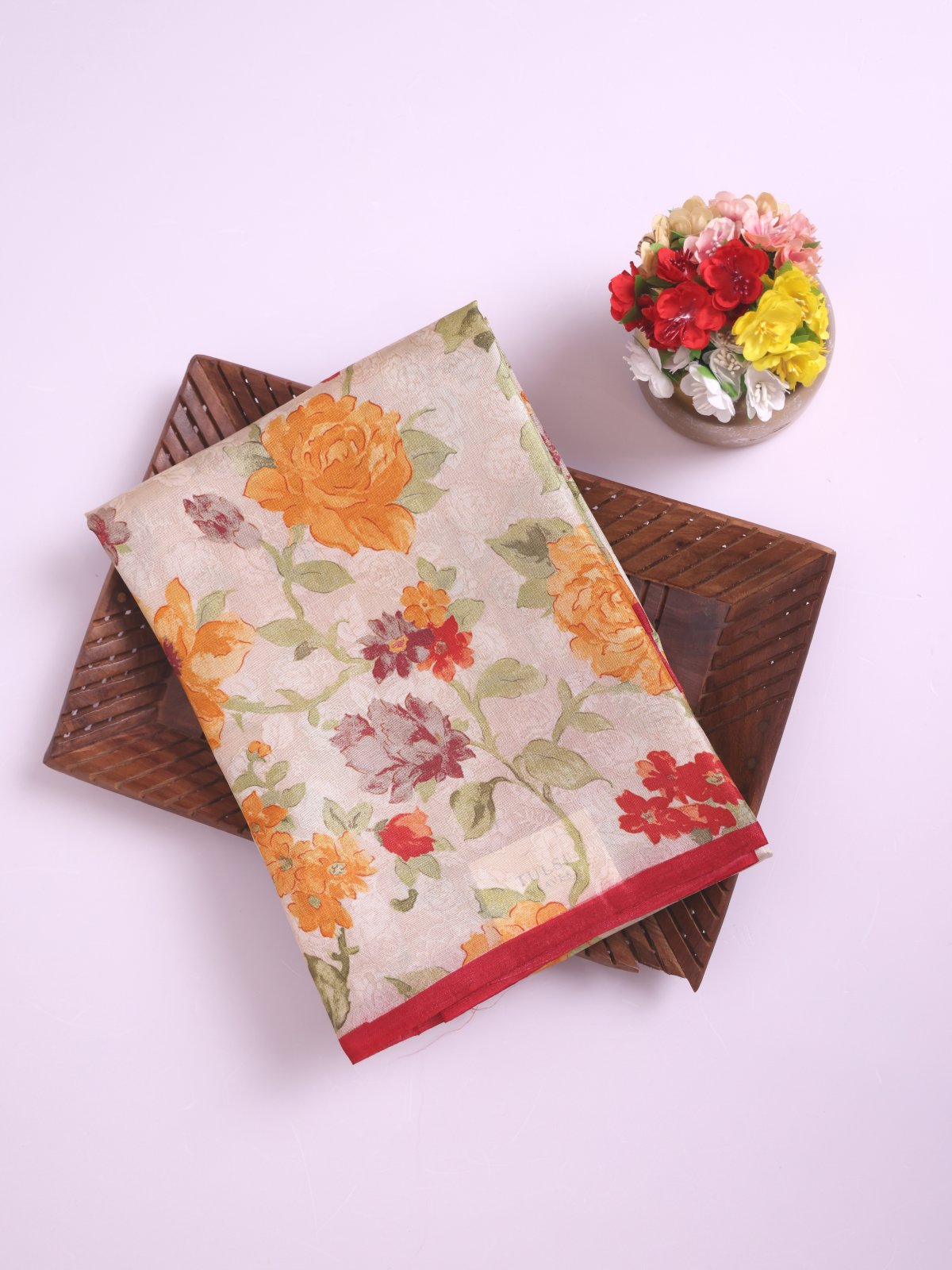 Beige Printed Tussar Silk Saree