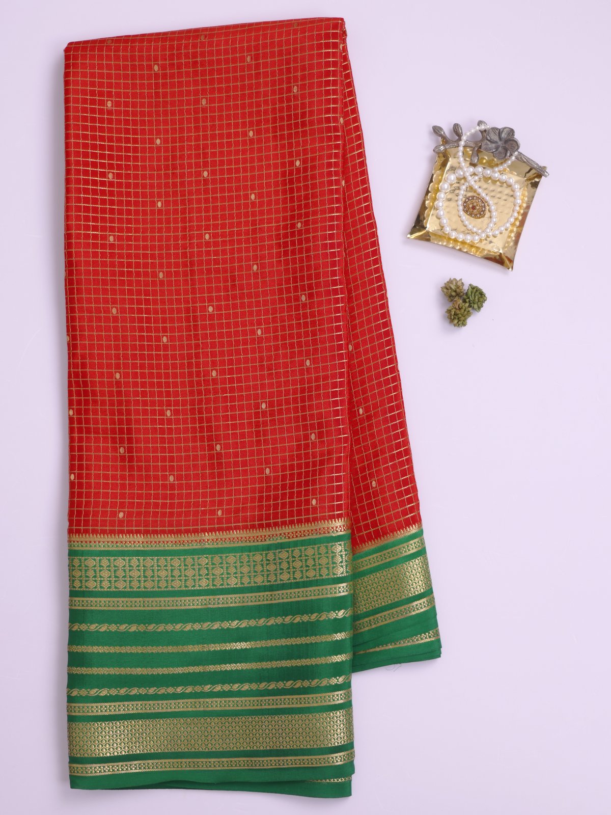 Red Zari Checked Mysore Silk Saree With Green Border