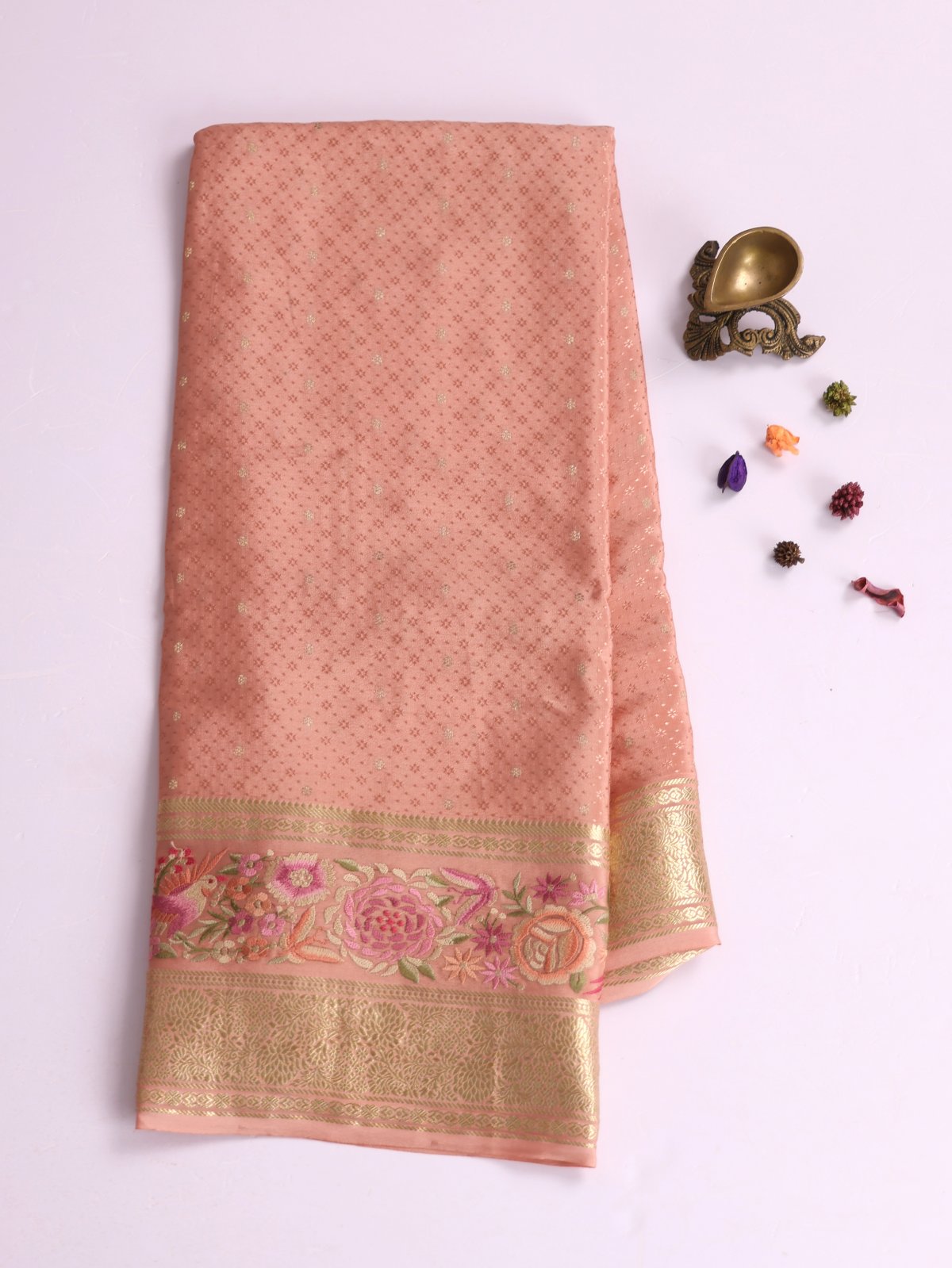 Peach Crepe Silk Saree With Embroidered Border 